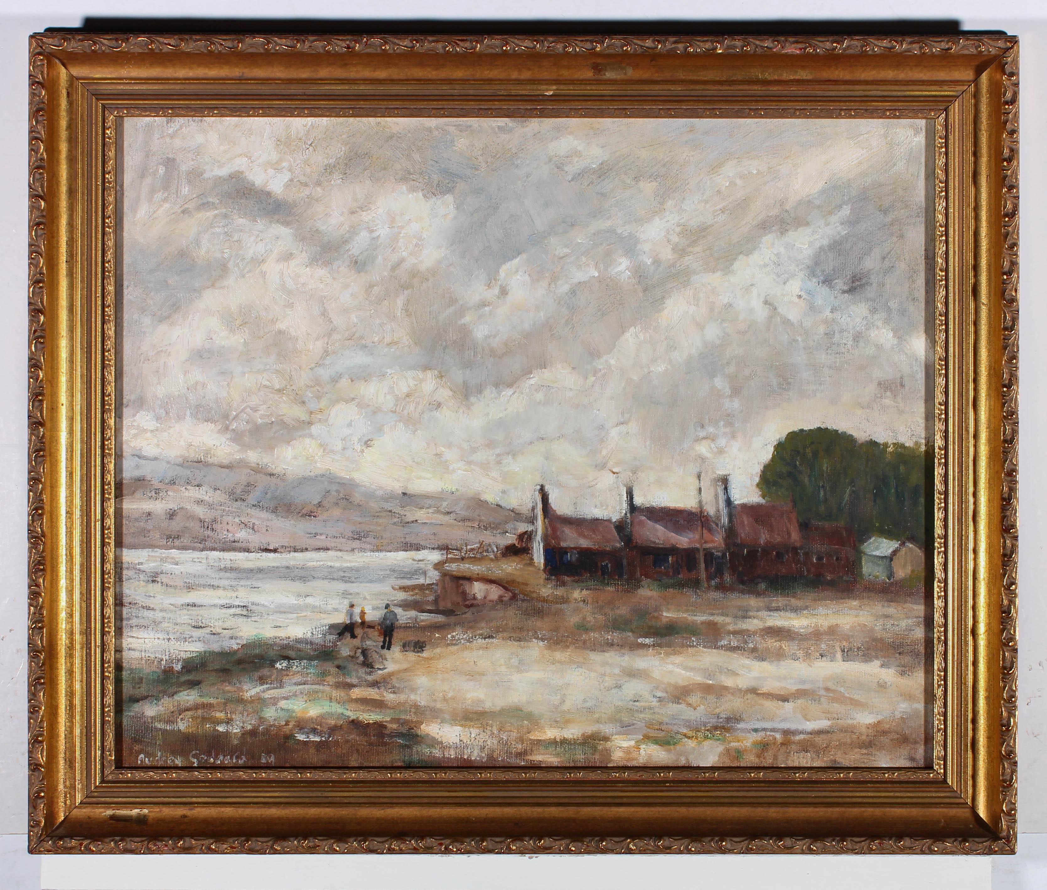An expressive oil painting of 'The Boots' by artist Aurdery Goddard. Figures can be seen walking their dogs along the estuary on the left-hand, continuing towards a group of red brick storage buildings. The muted colour palette suggest a dull, drawn