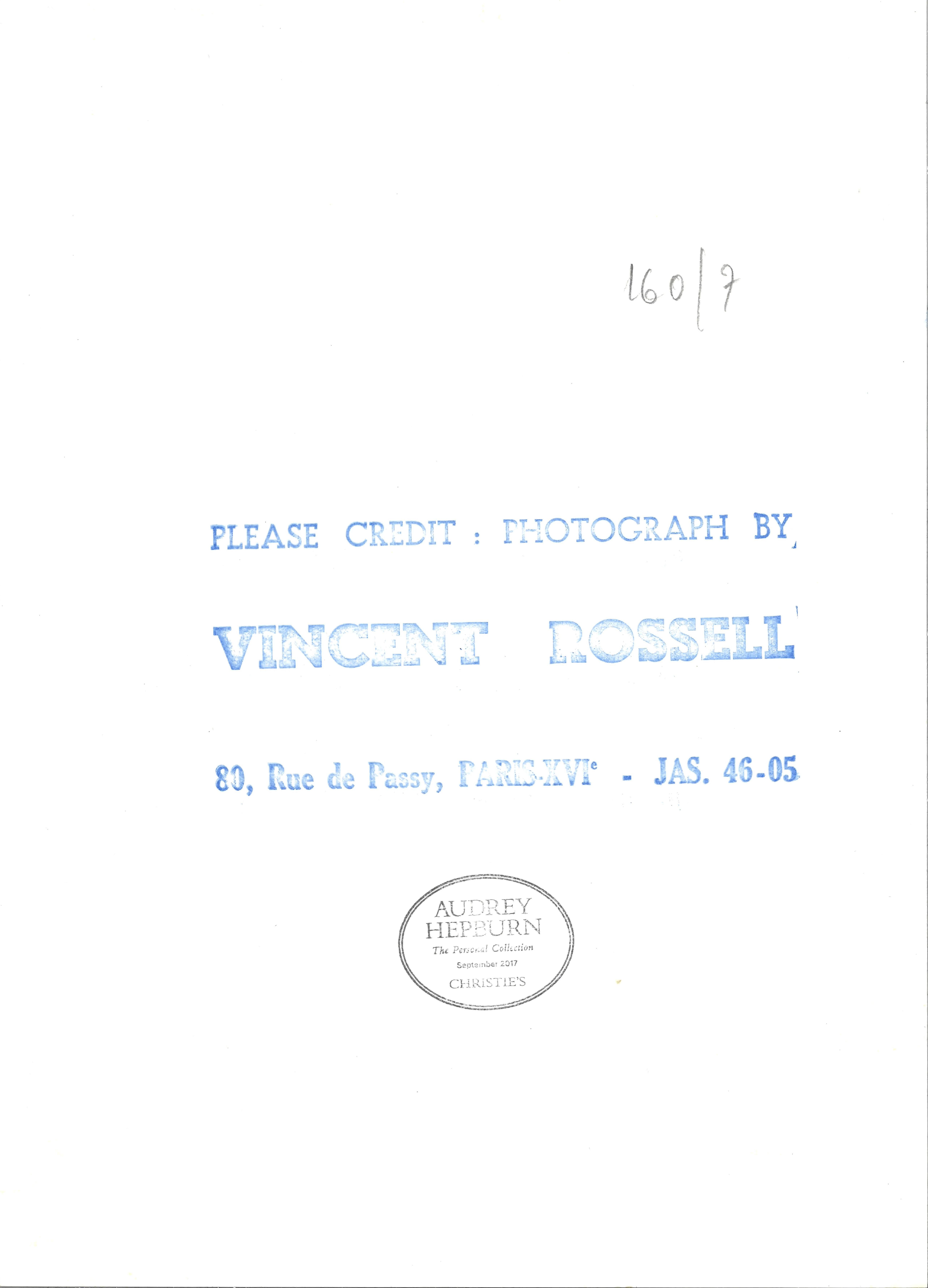 Audrey Hepburn on the set of Paris when it sizzles
Vintage gelatin silver print by Vincent Rossell
Photographer's credit stamp, Audrey Hepburn collection stamp and numerical notations verso
From the Personal collection of Audrey Hepburn,