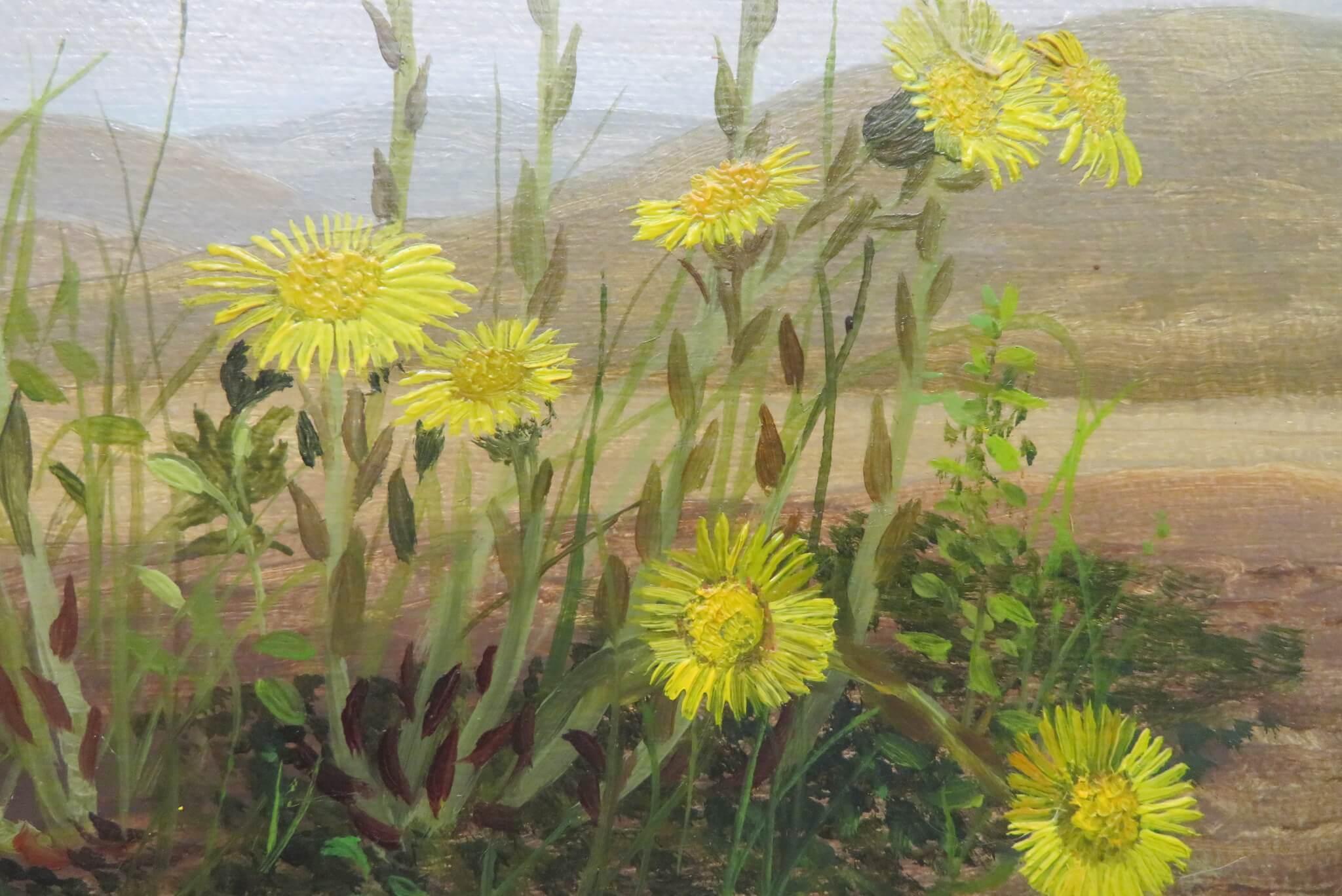 Originale dipinto ad olio realista STILL LIFE OF WILDFLOWERS (Natura morta di fiori di campo) - Still-Life Painting Grigio di Audrey Johnson