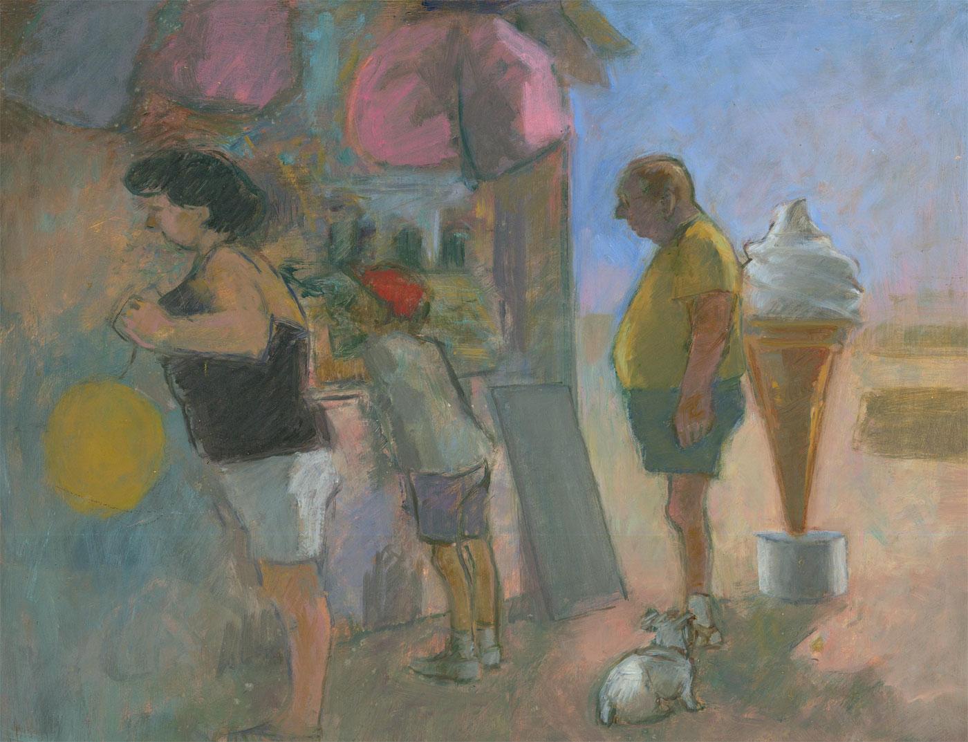 A fun summer scene depicting figure queuing for ice cream at the coast. Unsigned. On board.
