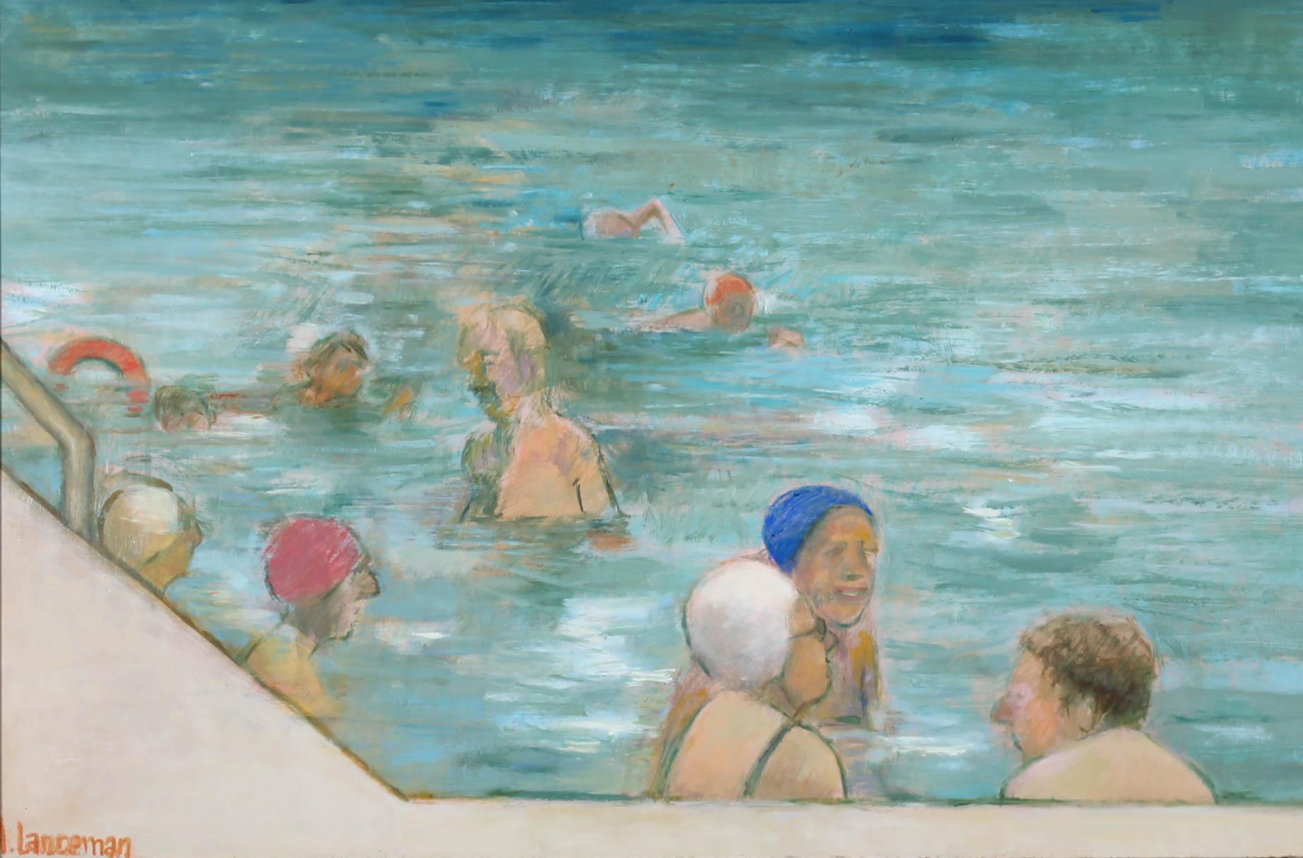 A charming scene depicting figures socialising at the local swimming pool. Signed to the lower left. Presented in a light wooden frame. On board.
