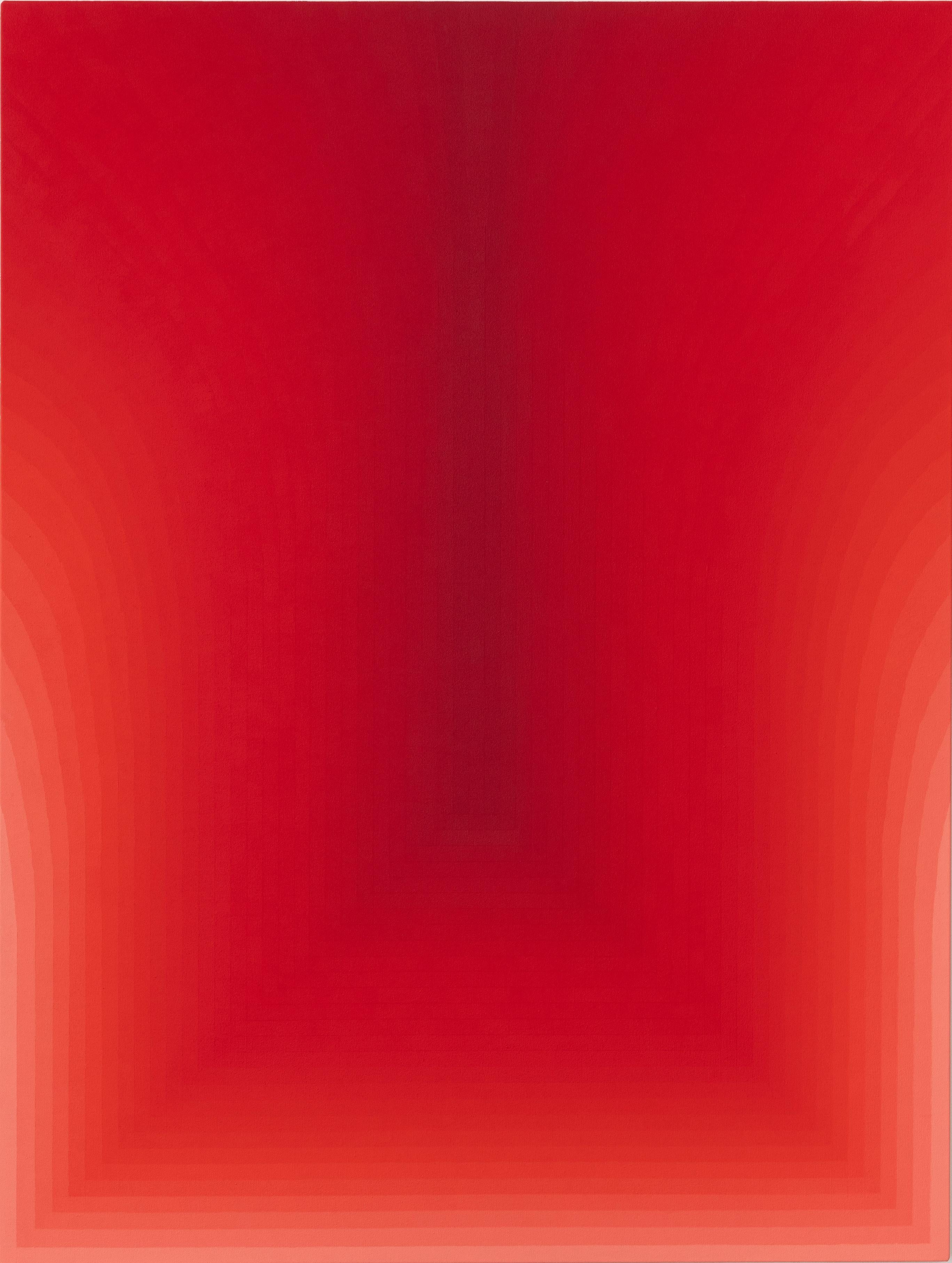 In acrylic on canvas, carefully ordered curving stripes of color in bright gradient hues transition through shades of coral red. Signed, dated and titled on verso.

Audrey Stone has spent her lifetime being fascinated with color and line. Her