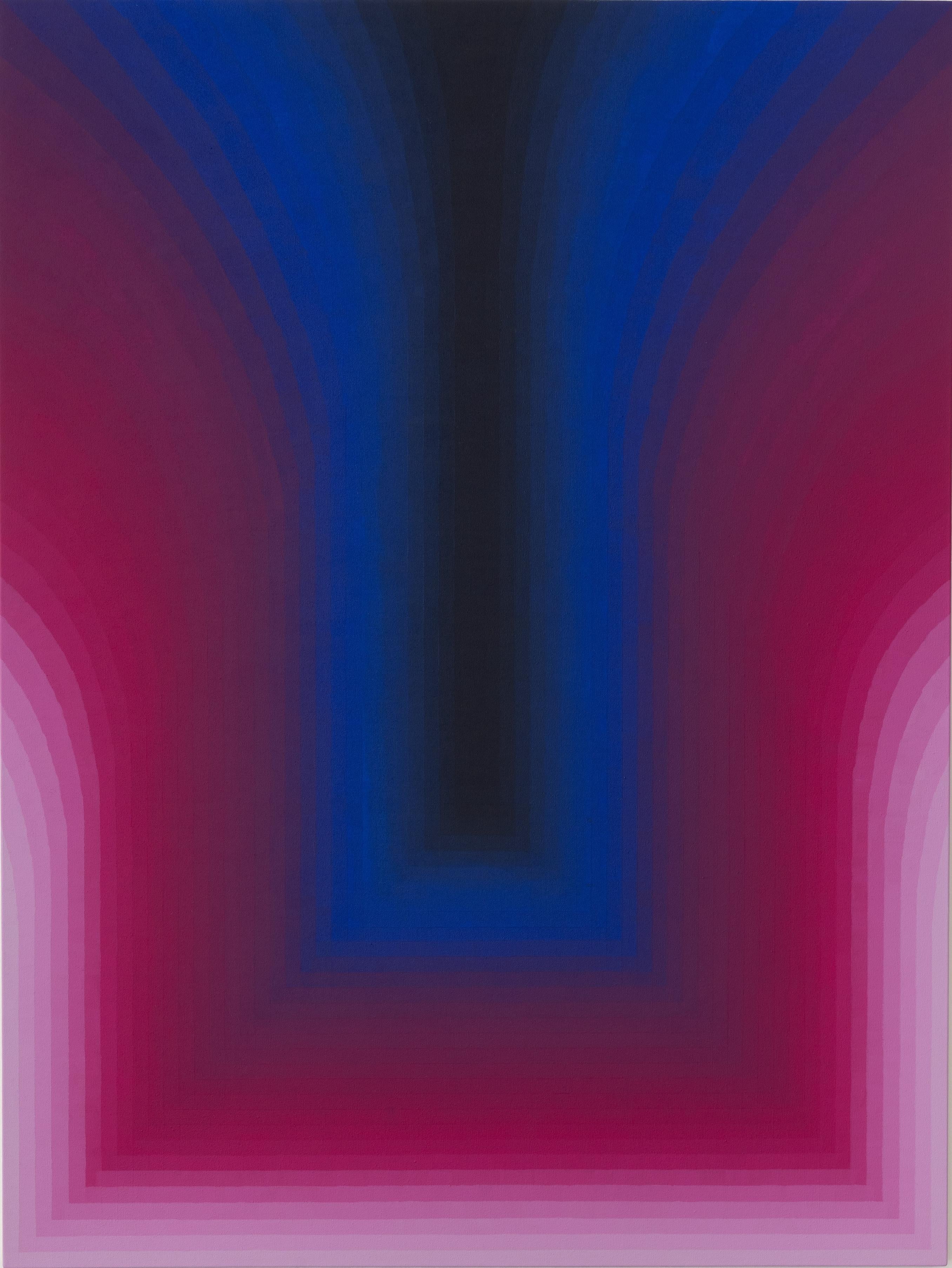 In acrylic on canvas, carefully ordered curving stripes of color in gradient shades of violet and magenta transition throughout purple hues. Signed, dated and titled on verso.

Audrey Stone has spent her lifetime being fascinated with color and