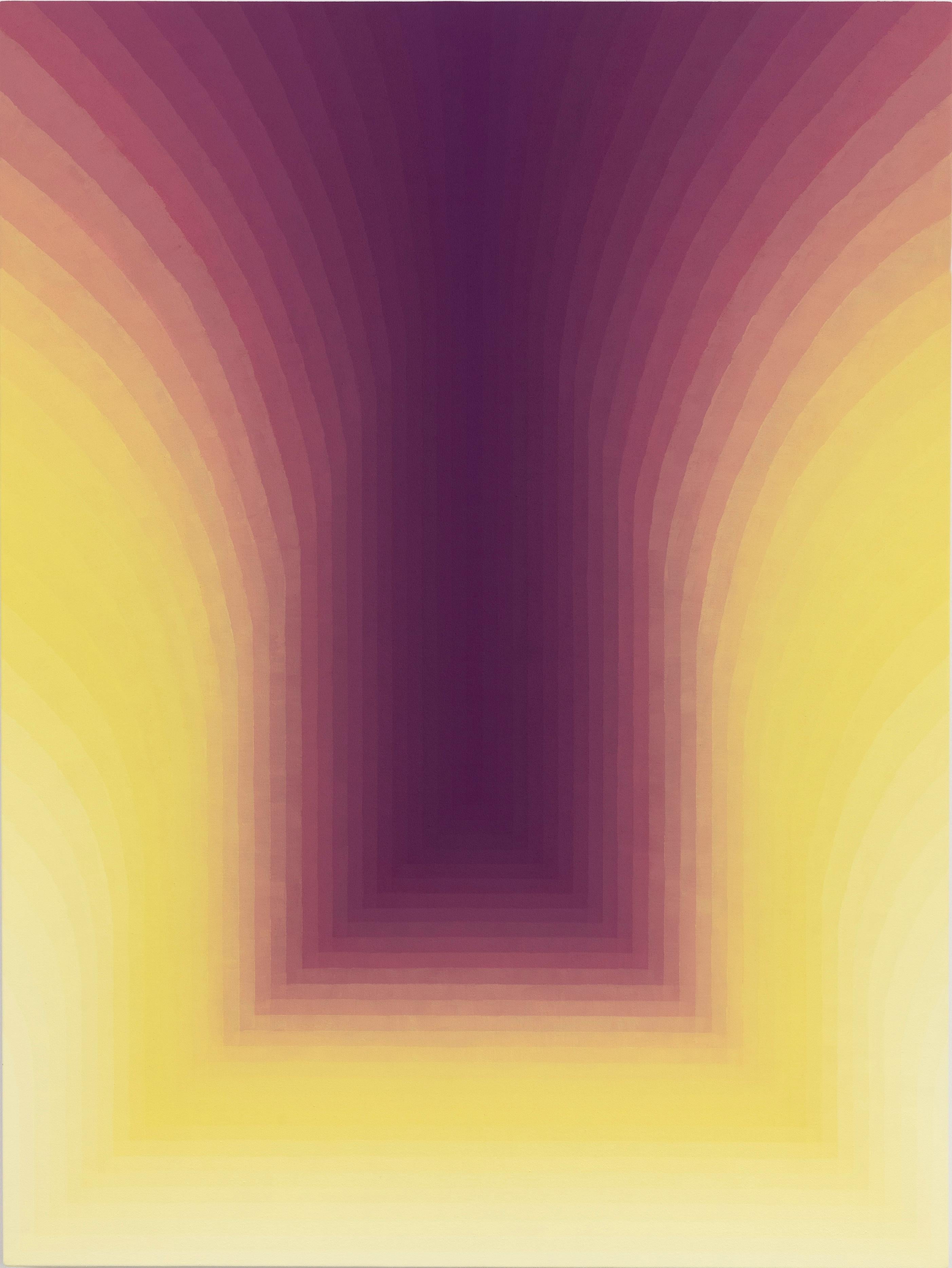 In acrylic on canvas, carefully ordered curving stripes of color in gradient shades start with berry, plum purple in the center transitioning to bright lemon yellow at the edges. Signed, dated and titled on verso.

Audrey Stone has spent her