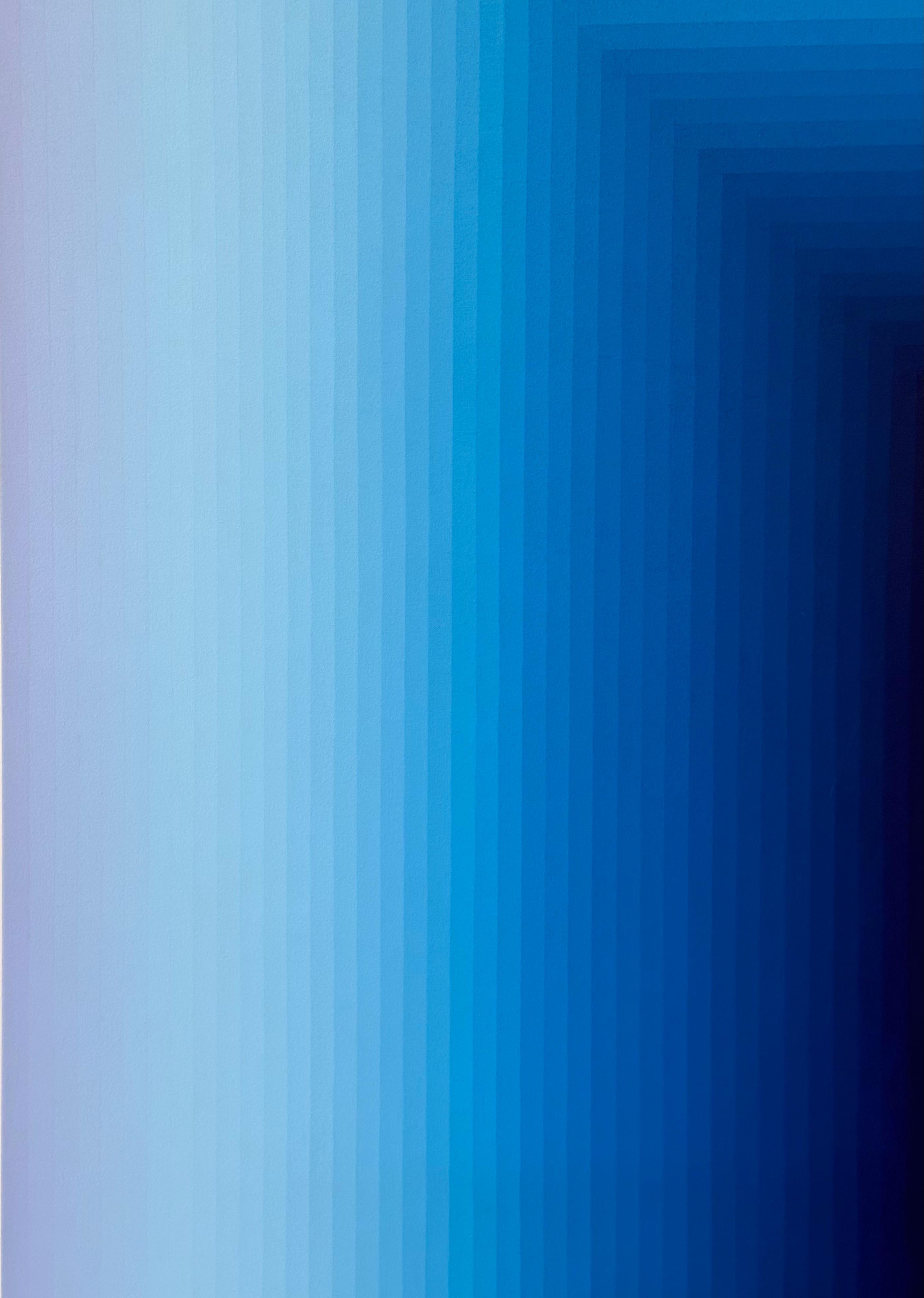 Carefully ordered stripes of color in gradient shades of blue, starting with pale, sky blue at the edges to a deep cobalt in the center. Signed, dated and titled on verso.

Audrey Stone has spent her lifetime being fascinated with color and line.