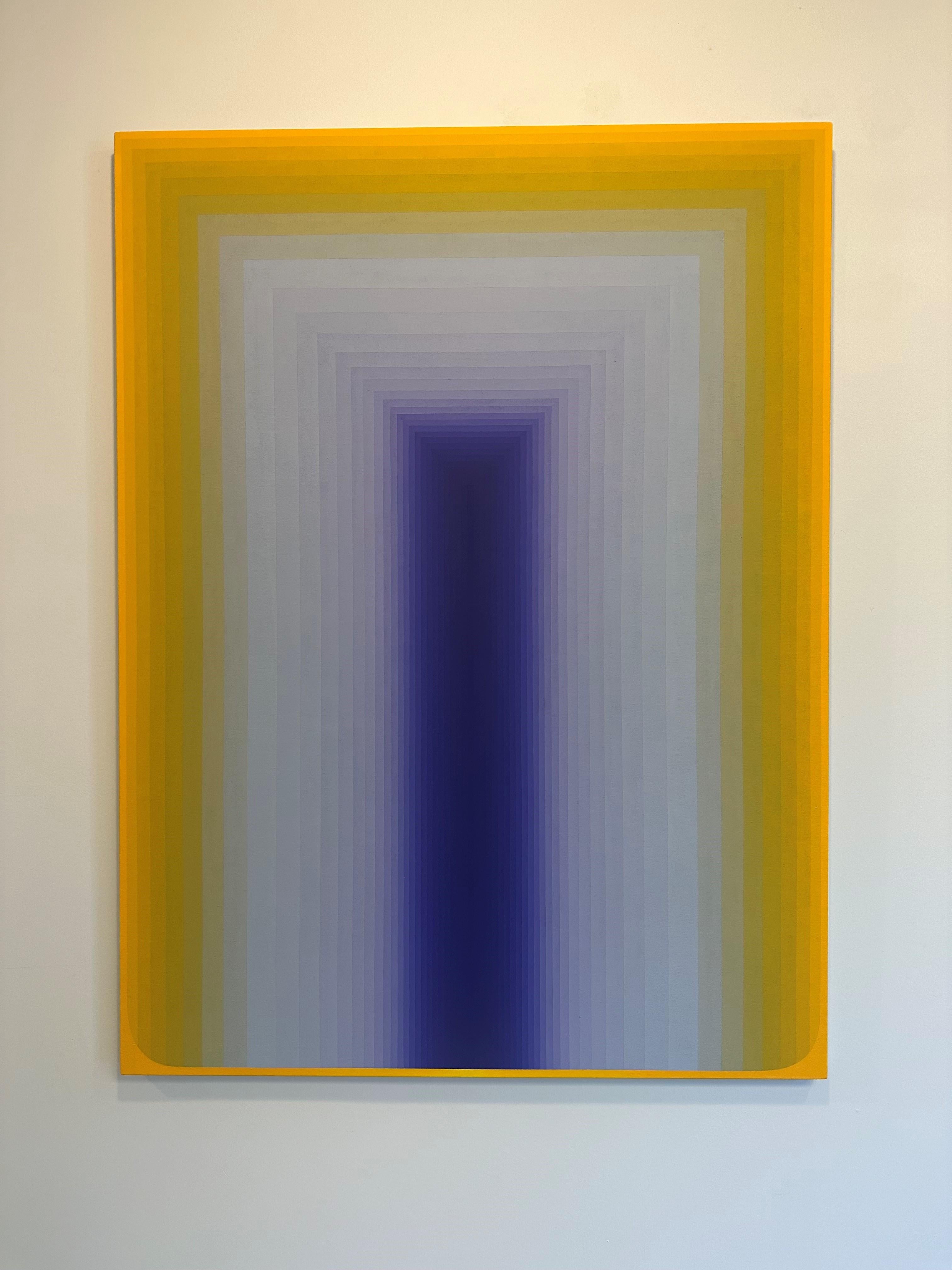 Coast to Coast Seven, Golden Yellow Mustard, Dark Violet Blue Gray Stripes - Painting by Audrey Stone