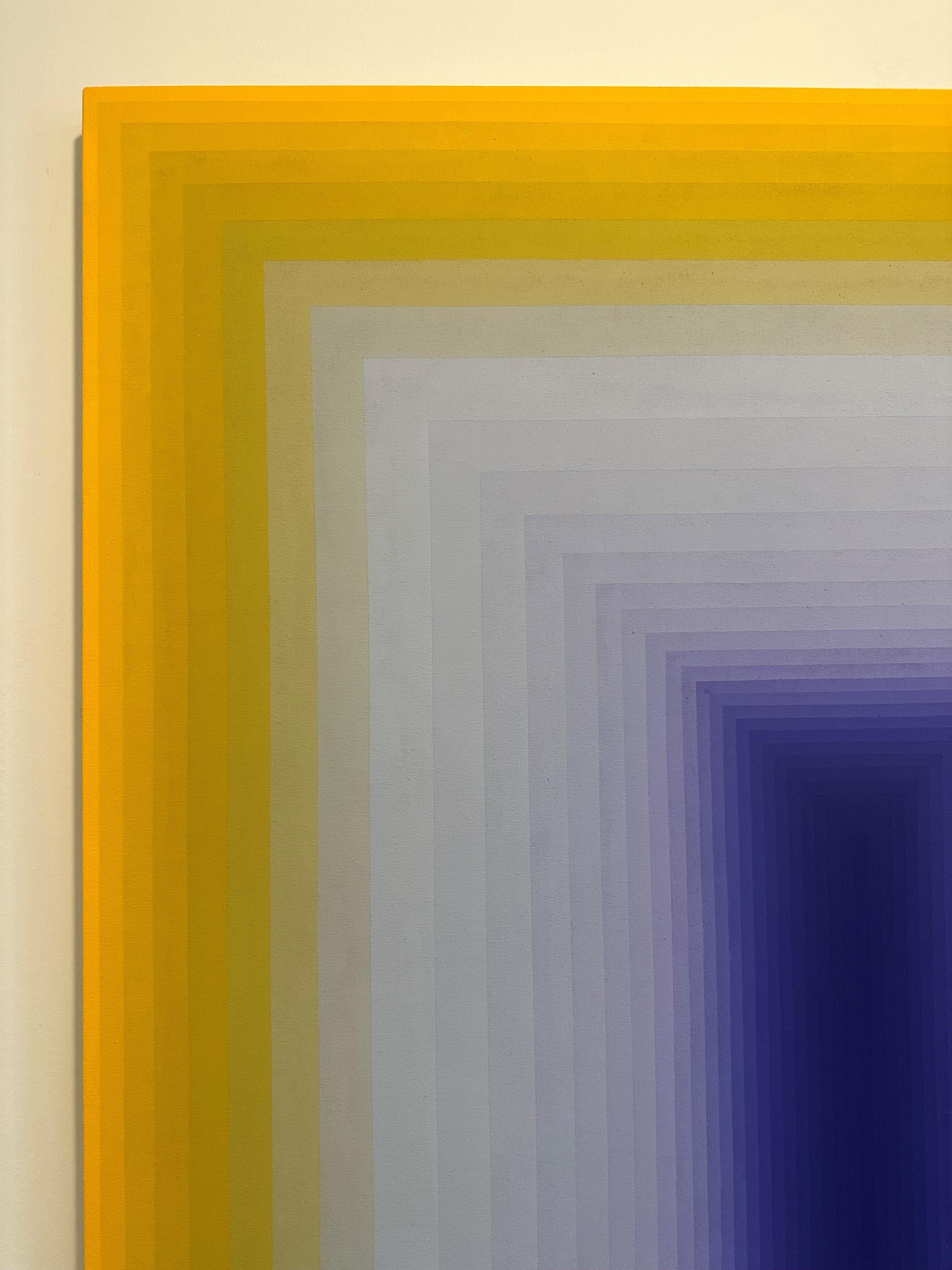 Carefully ordered blocks of color in bright, gradient hues in bright shades of golden yellow and light gray surround a deep, dark violet center. Signed, dated and titled on the verso.

Audrey Stone has spent her lifetime being fascinated with color