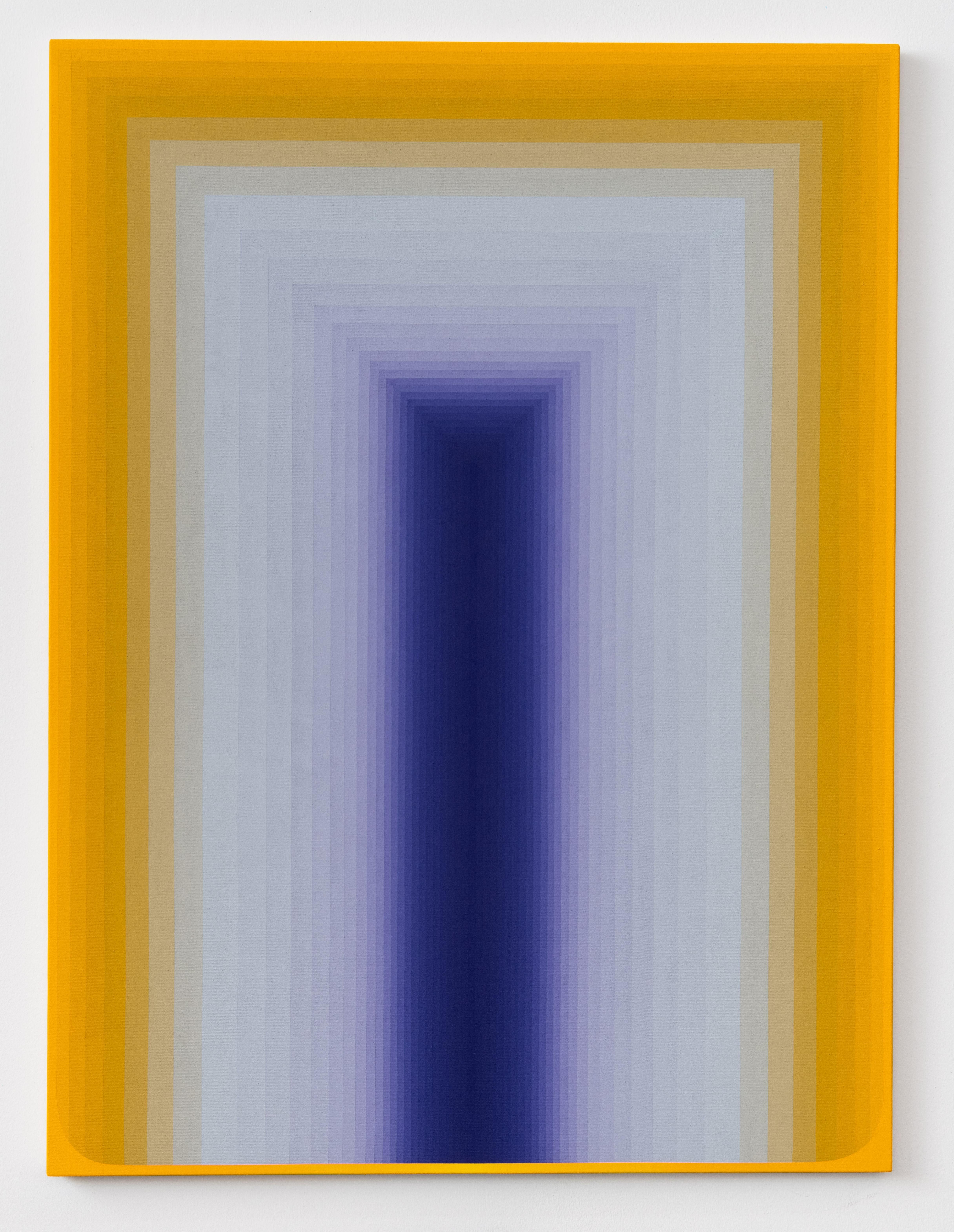Audrey Stone Abstract Painting – Coast to Coast Seven, goldgelb senfgelb, dunkelviolett blau grau gestreift