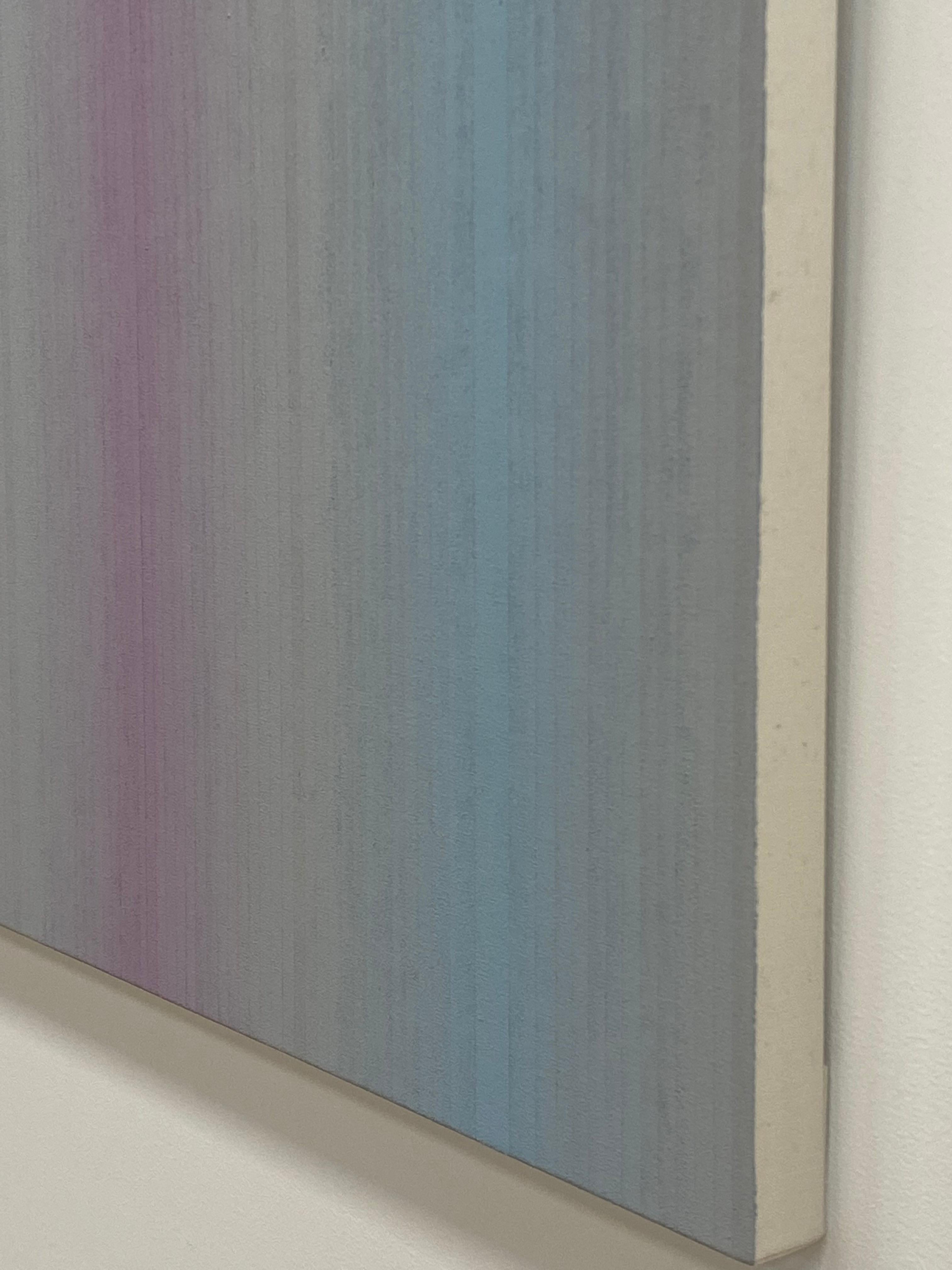 Keeping Close, Quadratisches abstraktes Gemälde mit Streifen, Blasslila, Blau, Grau im Angebot 6