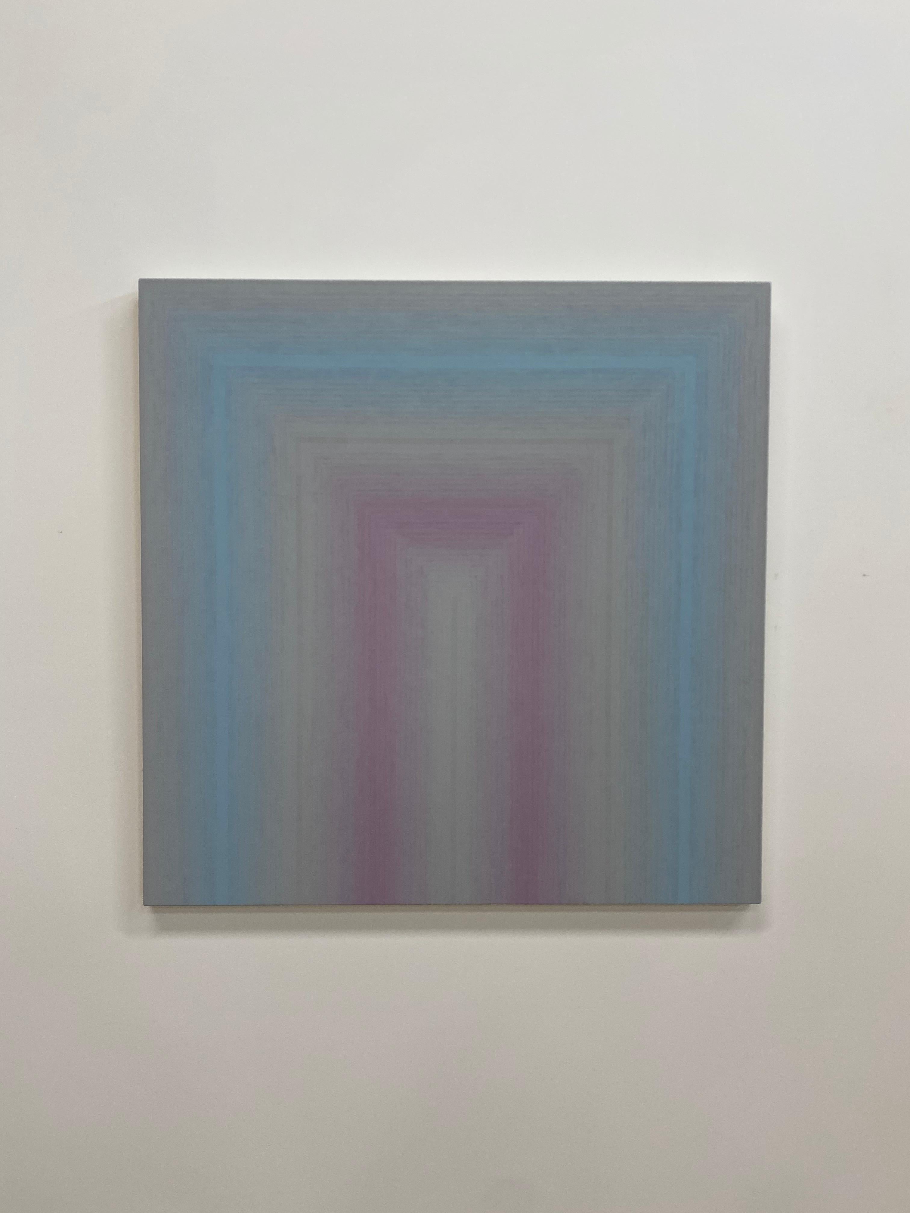 Keeping Close, Quadratisches abstraktes Gemälde mit Streifen, Blasslila, Blau, Grau im Angebot 7