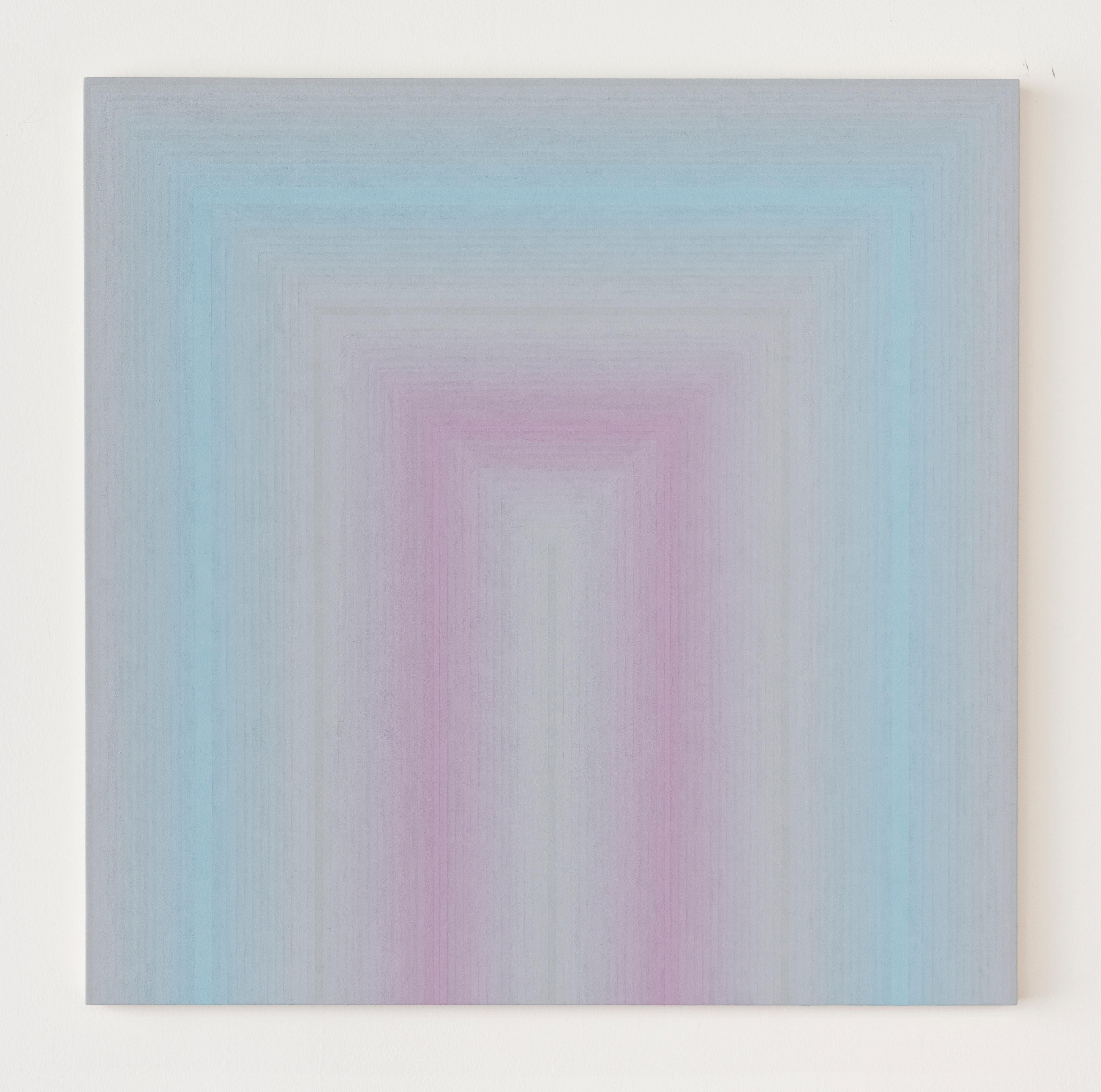 In this square abstract painting in flashe on canvas, thin, carefully ordered stripes of color in gradient shades of soft hues, starting with pale shade of gray in the center to light lilac, soft gray and pale sky blue transitioning back to light
