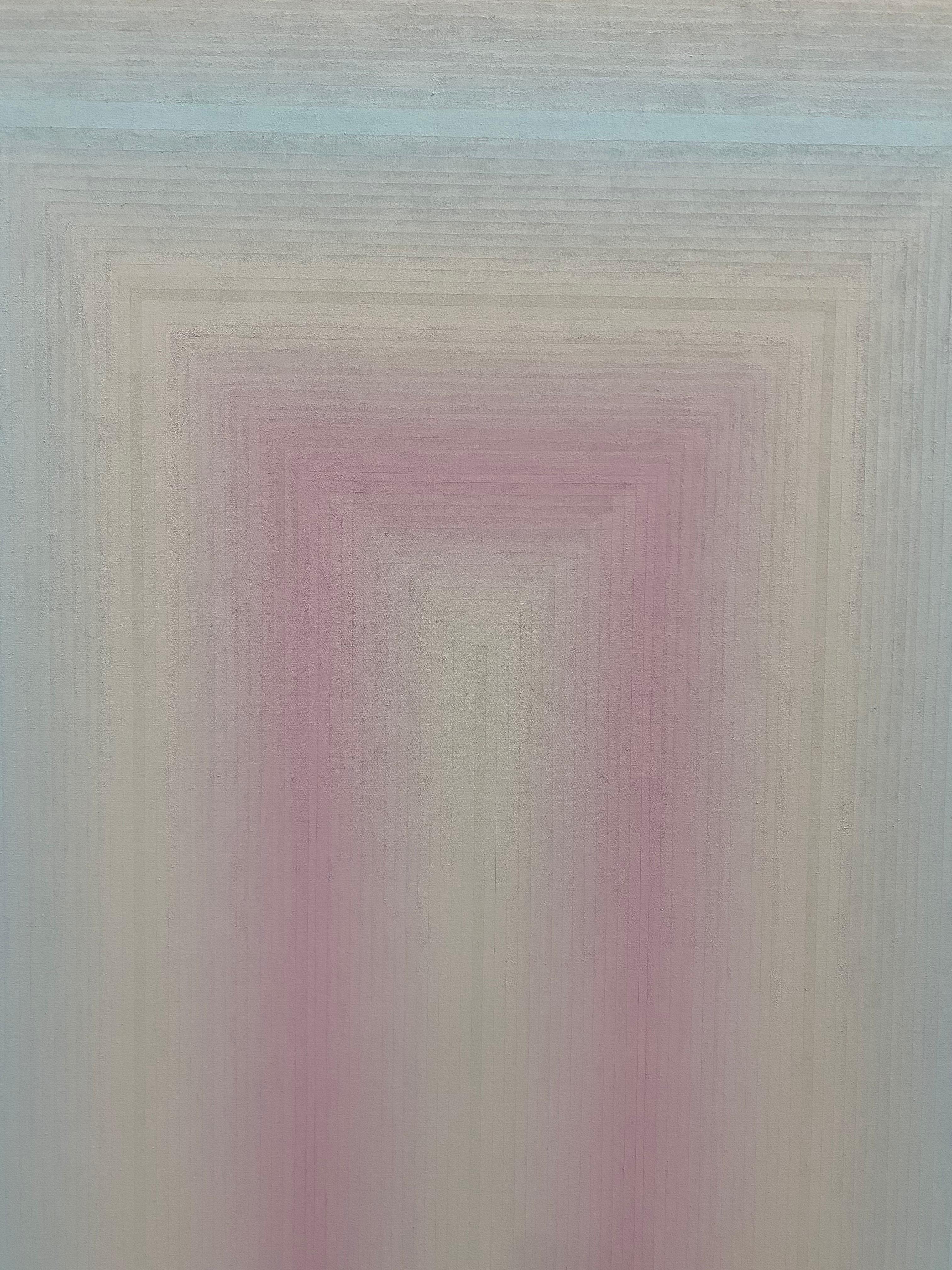 Keeping Close, Quadratisches abstraktes Gemälde mit Streifen, Blasslila, Blau, Grau (Zeitgenössisch), Painting, von Audrey Stone
