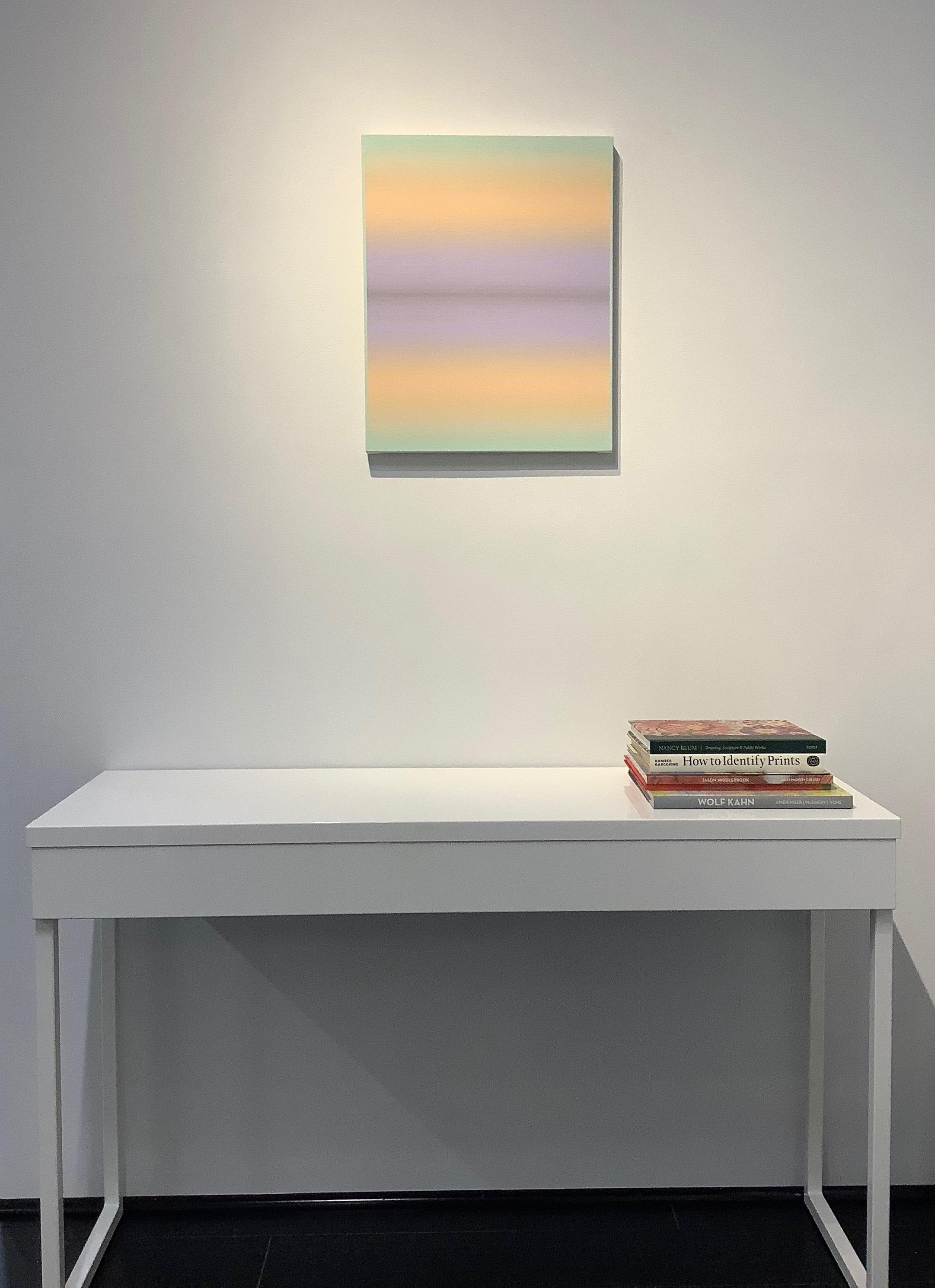 Thin stripes of color in gradient shades of soft hues, starting with lilac and pale purple in the center to pale peach and mint blue green at the edges. Signed and titled on verso.

Audrey Stone has spent her lifetime being fascinated with color and
