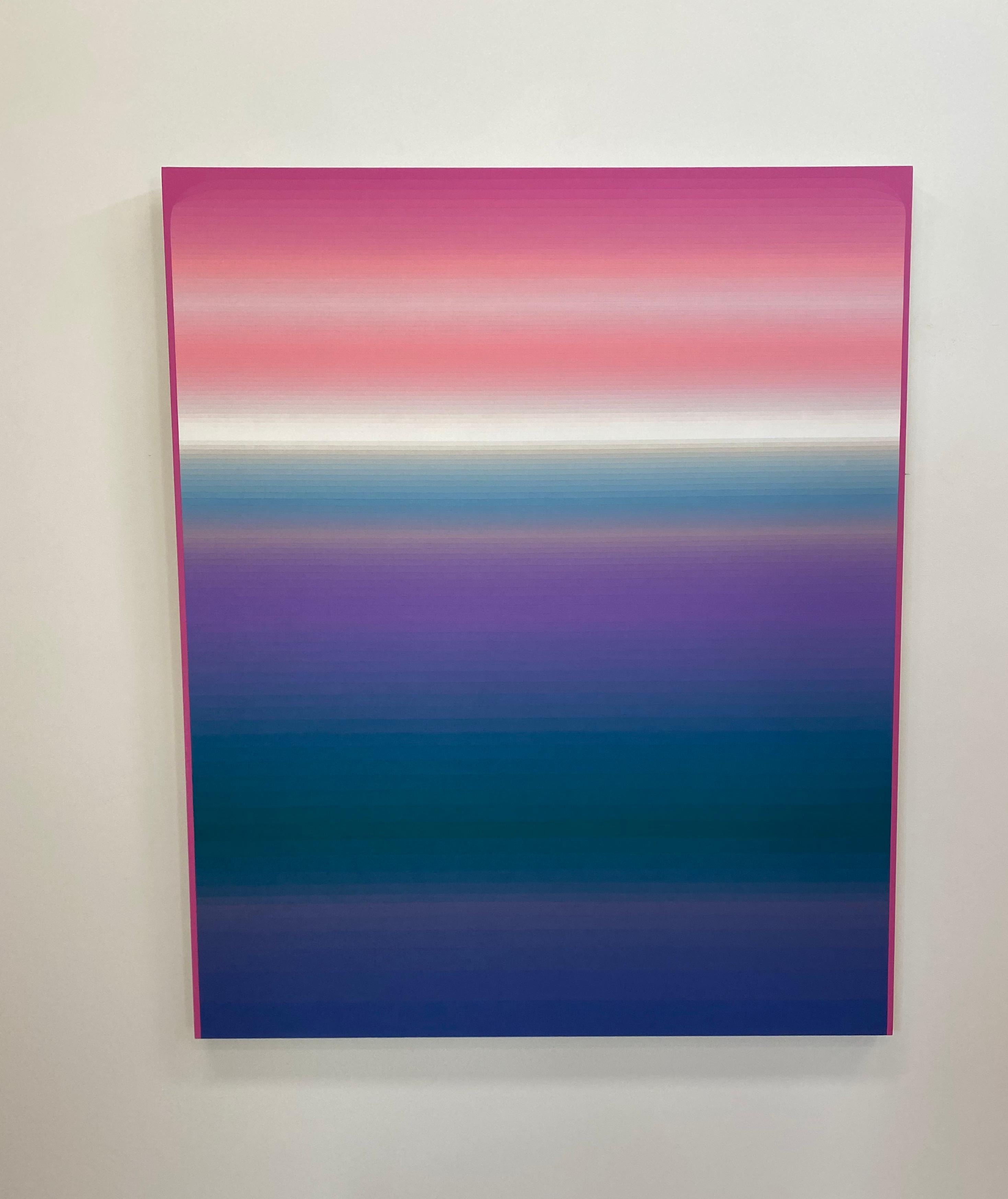 In this large, vertical abstract painting in acrylic on linen, thin horizontal stripes of color in gradient shades transition from bright shades of deep purple at the bottom to dark indigo, light purple in the center, blue-gray, white and shades of