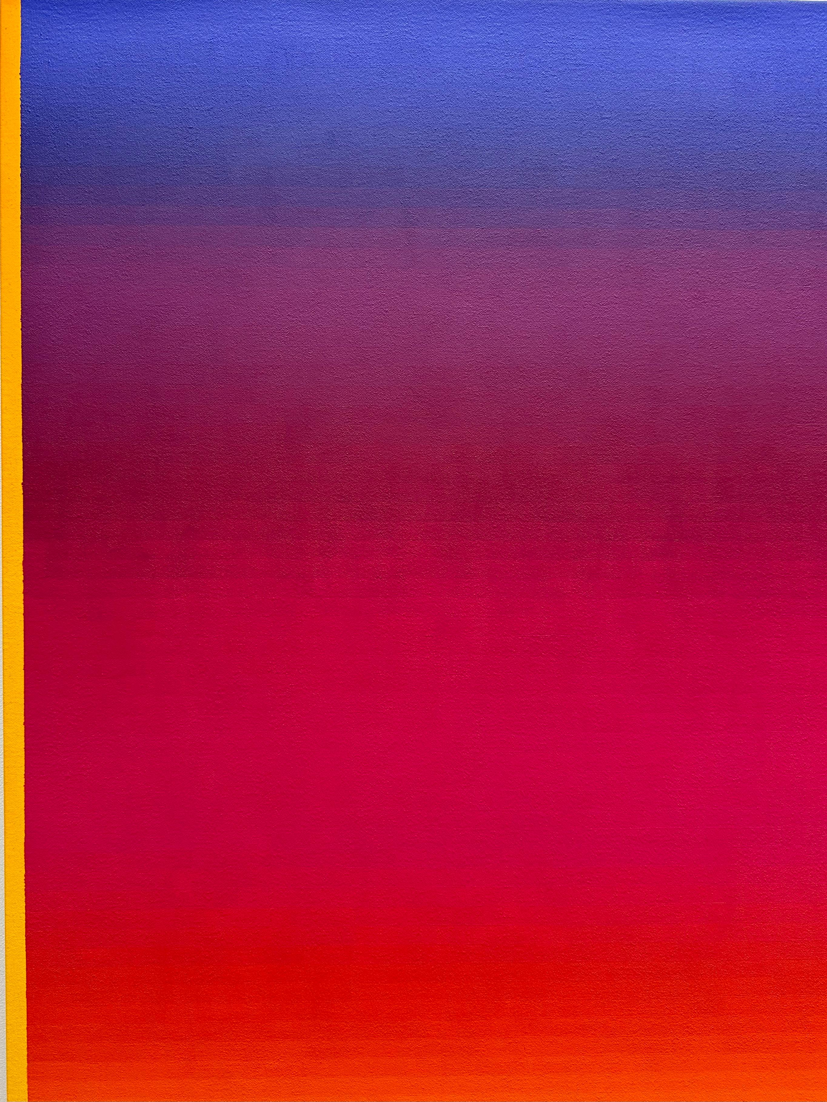 Horizontal stripes of color in gradient shades starting with hot pink in the center transitioning to dark navy cobalt blue and golden orange and luminous yellow at the edges. Signed and titled on verso.

Audrey Stone has spent her lifetime being