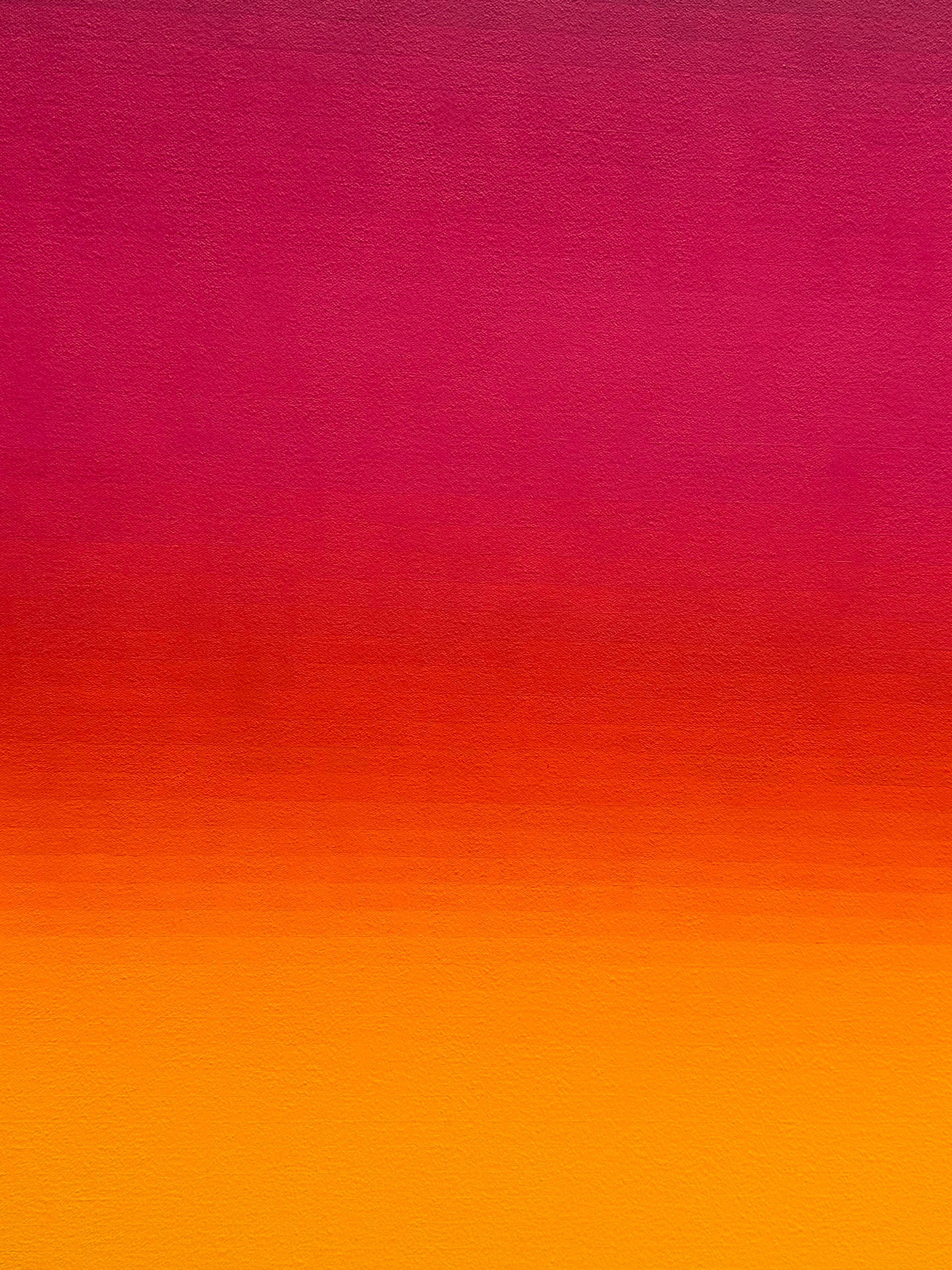 Des bandes horizontales de couleur en dégradé, commençant par du rose vif au centre et passant au bleu cobalt marine foncé, à l'orange doré et au jaune lumineux sur les bords. Signé et titré au verso.

Audrey Stone a passé sa vie à être fascinée par