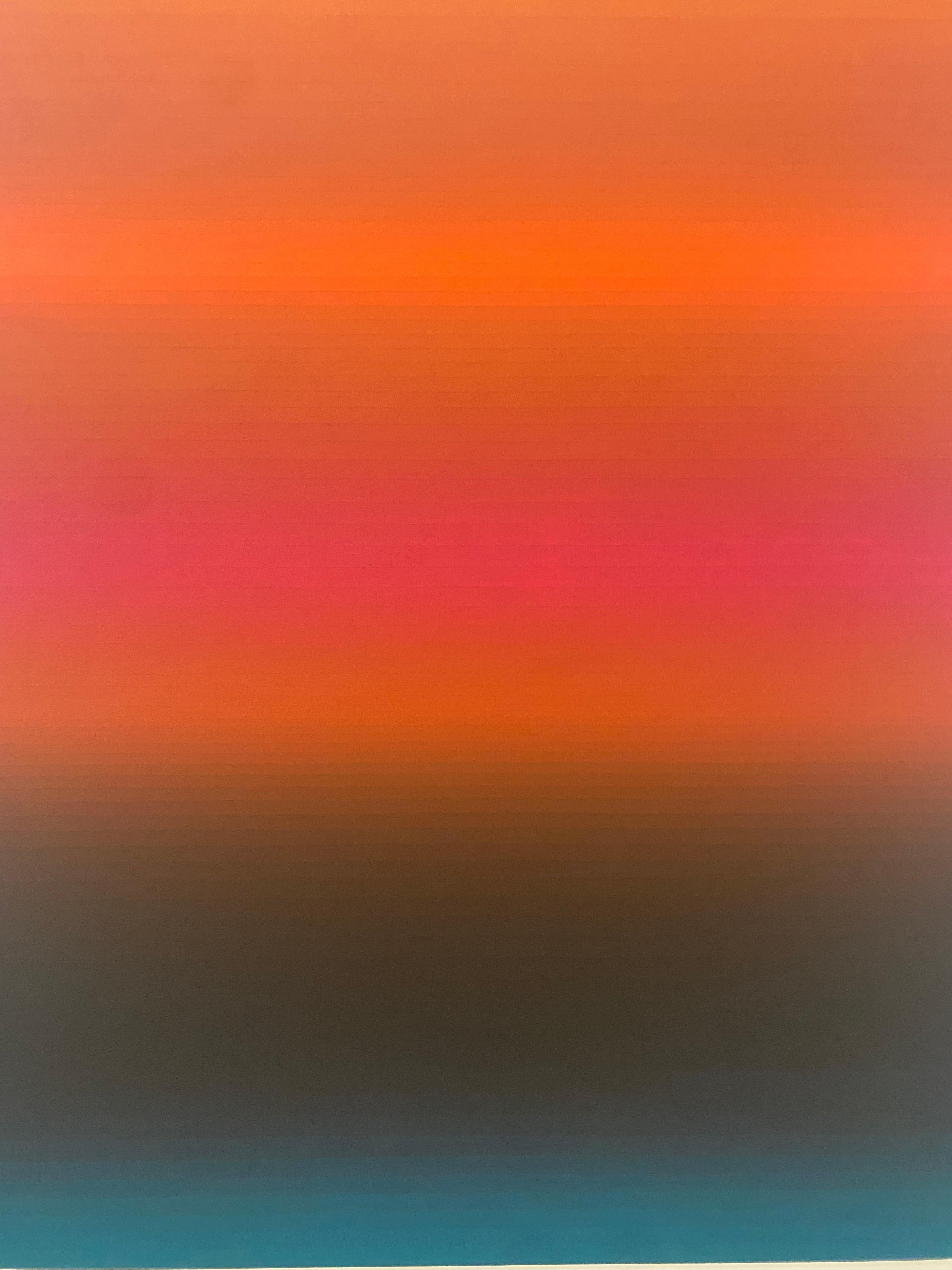 Thin stripes of color in gradient shades of soft hues, starting with indigo at the bottom and transitioning through a dark charcoal to bright red, crimson, burgundy and orange toward the top. Signed and titled on verso.

Audrey Stone has spent her