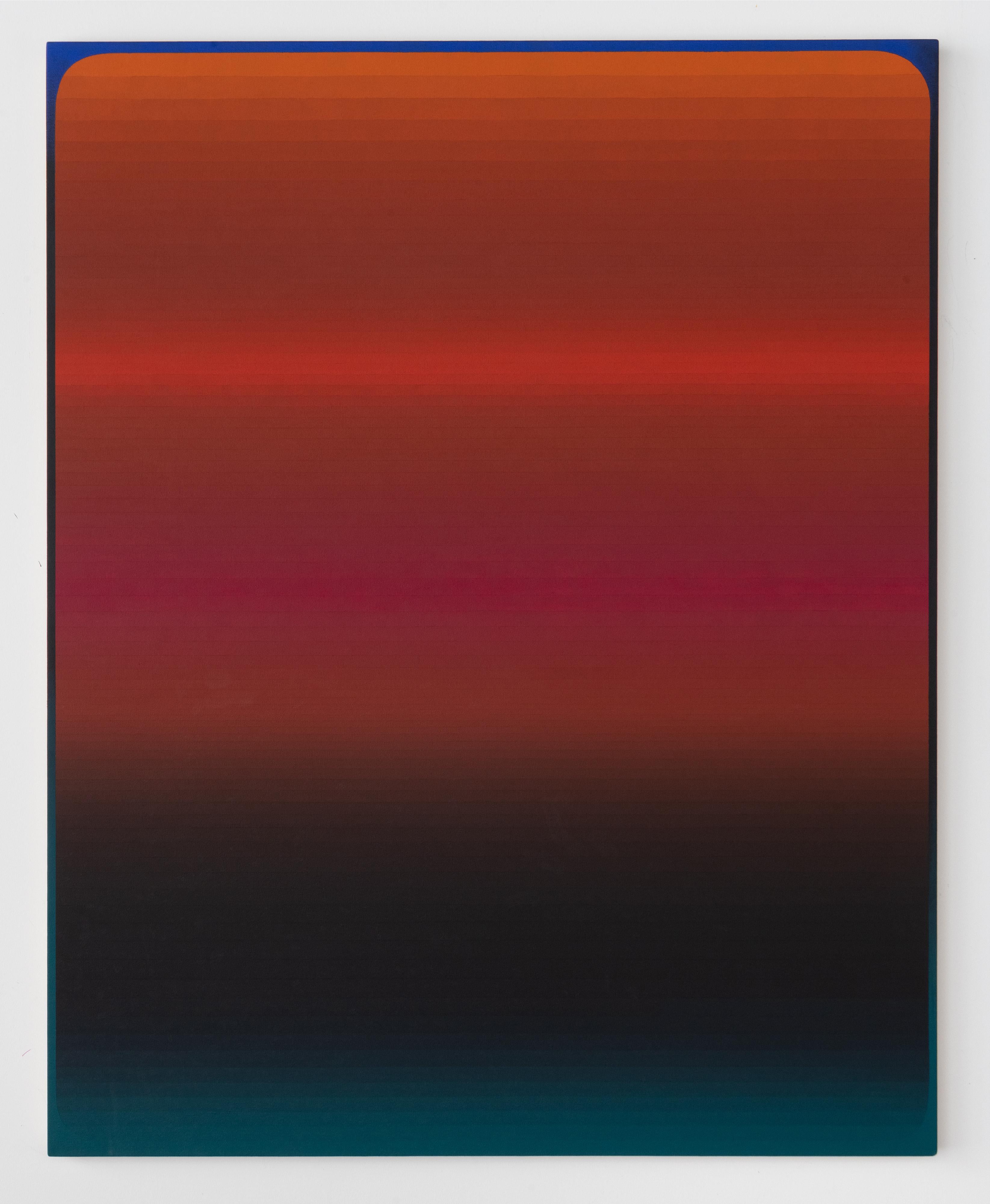 Audrey Stone Abstract Painting – Rom One, Indigo, Maroon, Rot Orange, Holzkohle- Gradient-Streifen