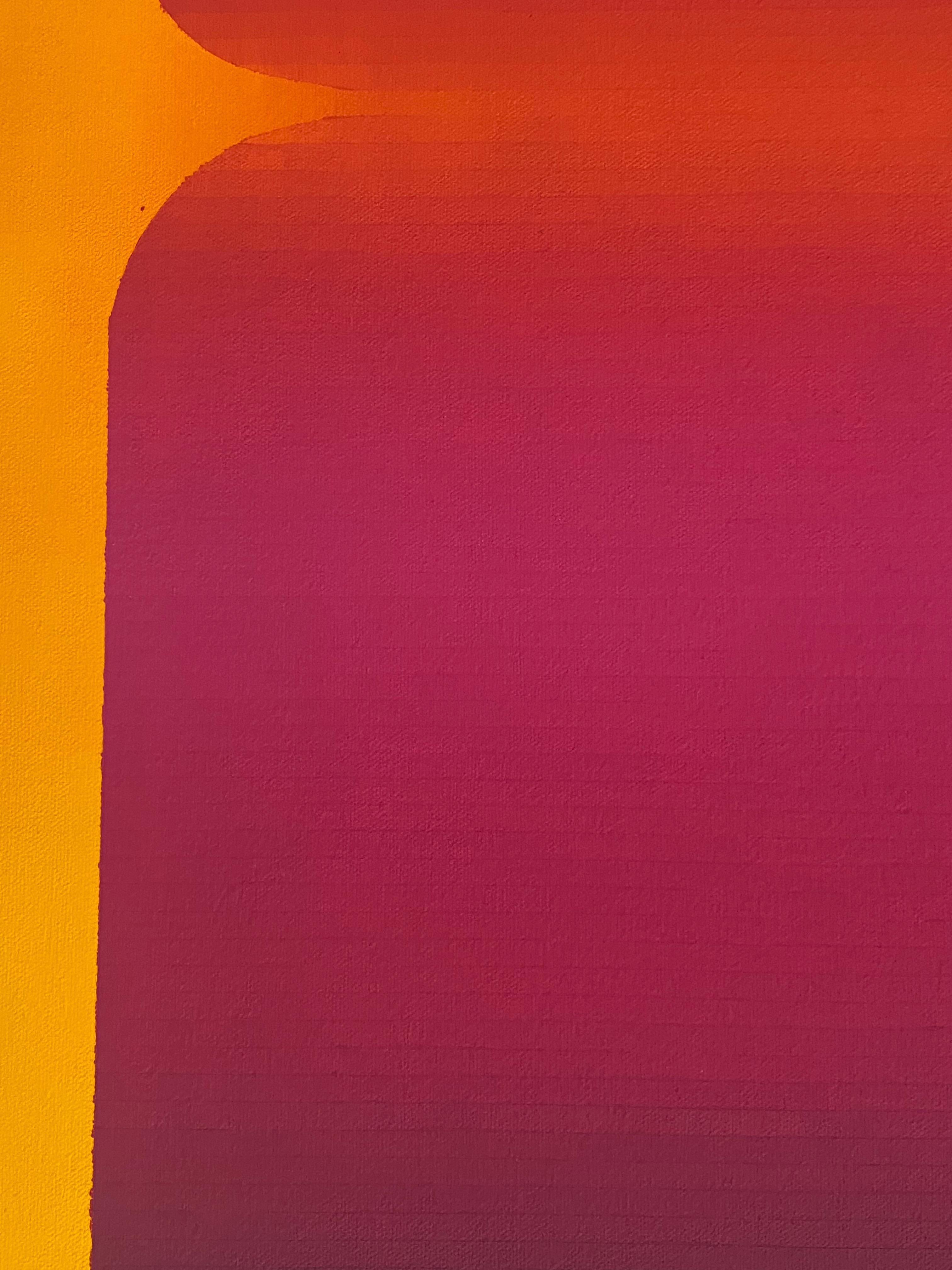 Le sottili strisce di colore in tonalità sfumate iniziano con un indaco scuro e profondo nella parte superiore e inferiore e passano attraverso il blu navy fino a una brillante tonalità di rosa caldo con giallo oro ai bordi. Firmato e intitolato sul