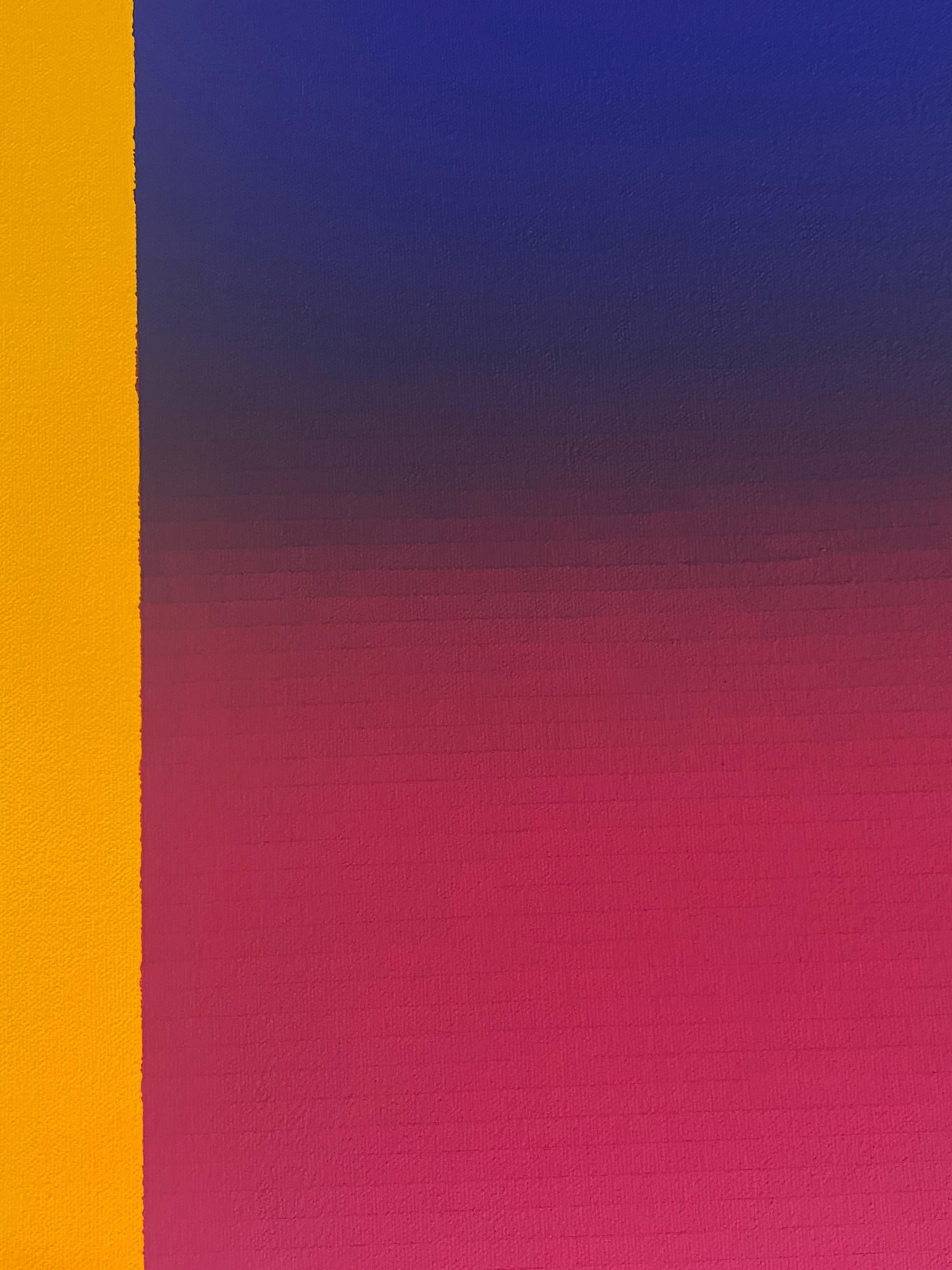 Thin stripes of color in gradient shades start with deep, dark indigo at the top and bottom and transition through navy blue to a brilliant shade of hot pink with golden yellow at the edges. Signed and titled on verso.

Audrey Stone has spent her