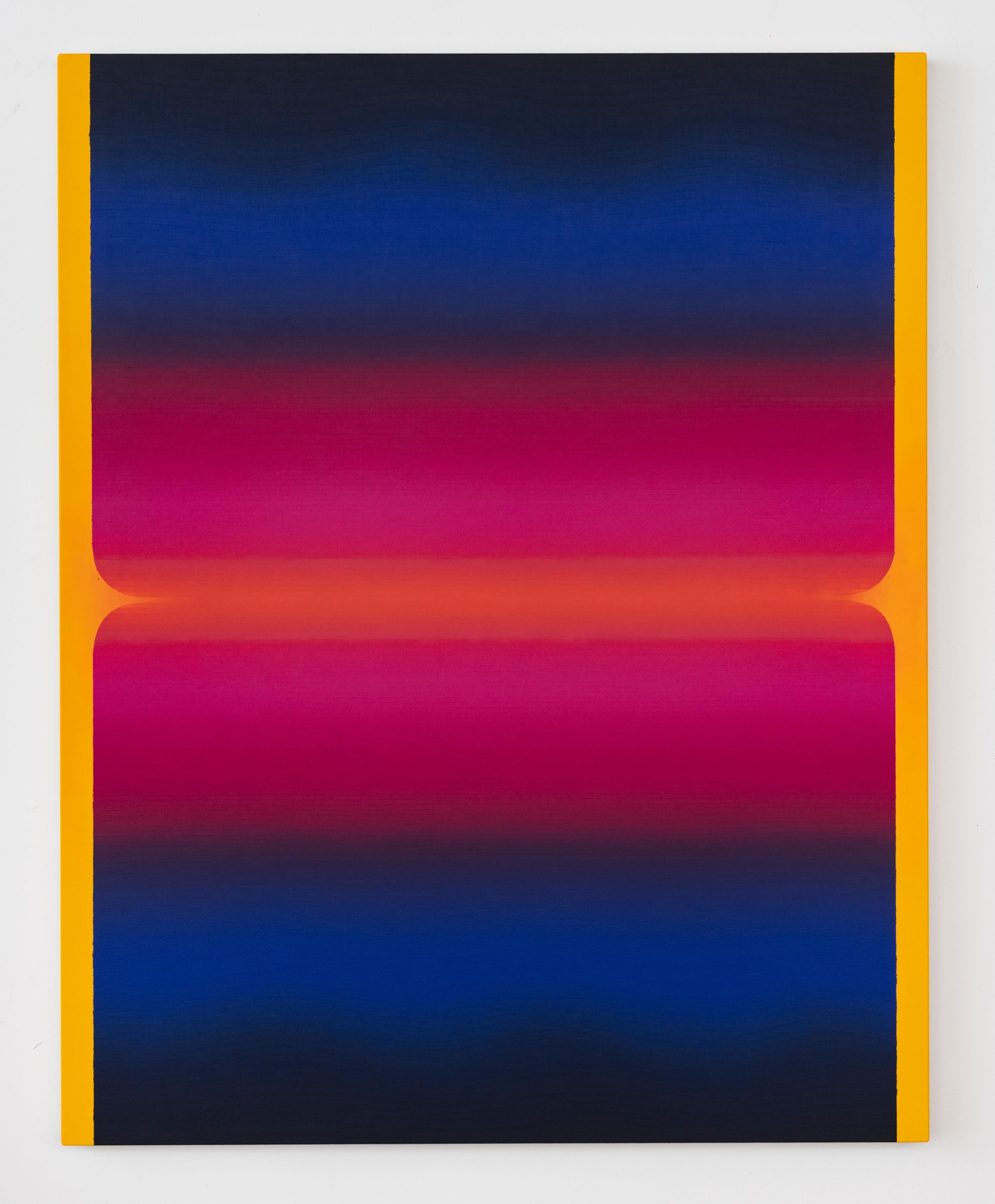 Audrey Stone Abstract Painting – Rome Sieben, Goldgelb, Marineblau, Indigo, Heißrosa, Orange Farbverlaufstreifen