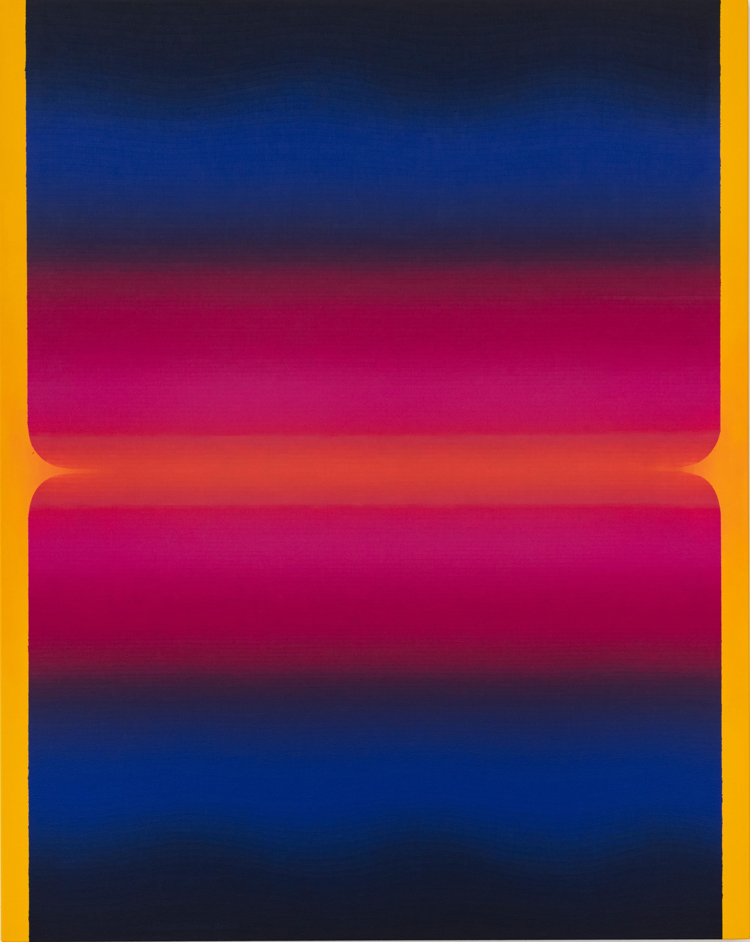 Abstract Painting di Audrey Stone - Roma Sette - Gradiente astratto giallo oro blu navy rosa caldo arancione, 2023