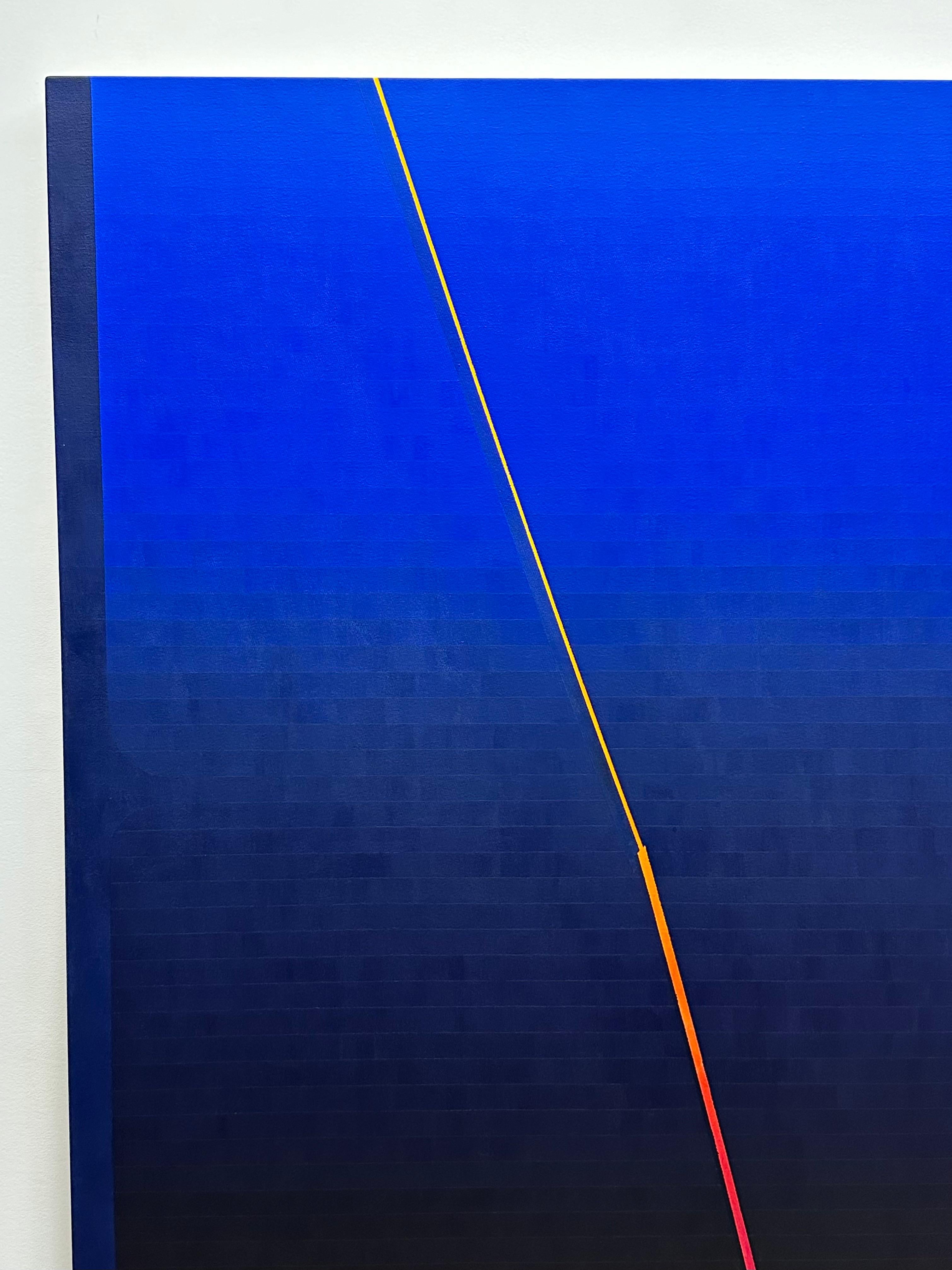In this contemporary abstract painting in acrylic on canvas, horizontal stripes of color in gradient shades of cobalt blue from bright lapis to midnight navy are split diagonally down the middle with a streak of luminous golden orange transitioning