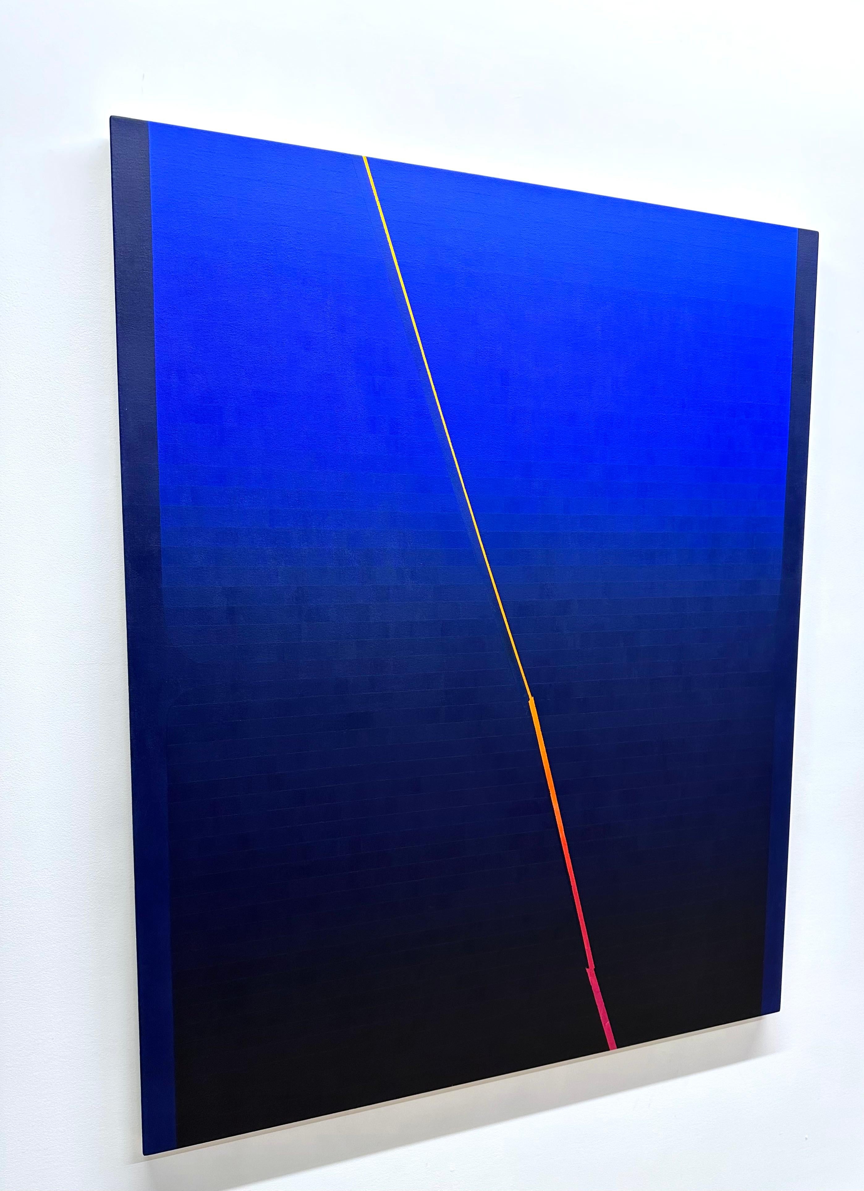 Horizontal stripes of color in gradient shades of cobalt blue from 
bright lapis to midnight navy are split diagonally down the middle in a streak of luminous golden orange transitioning to hot pink. Signed and titled on verso.

Audrey Stone has
