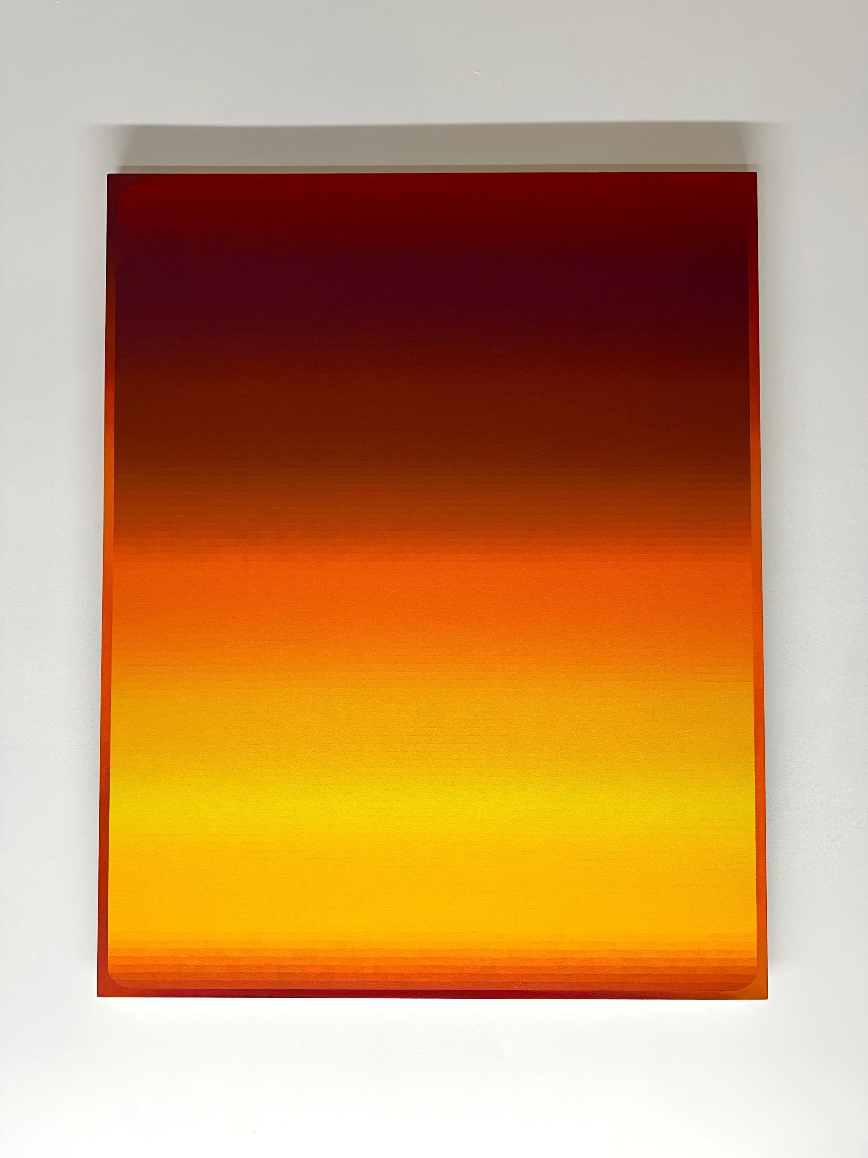 Roma Tres, Naranja Mandarina, Borgoña Rojo Granate Amarillo Dorado Rayas Gradiente - Painting de Audrey Stone