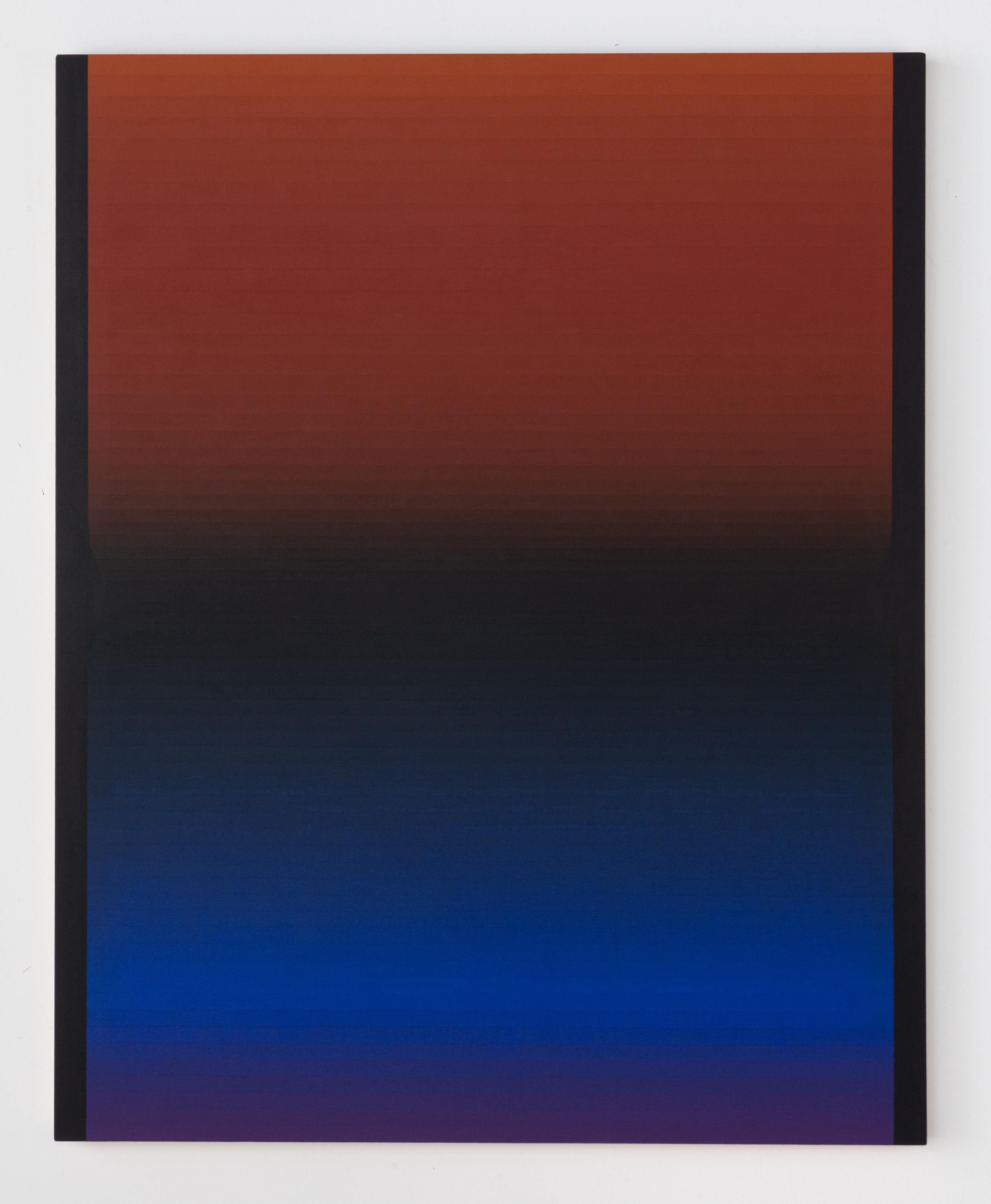 Thin stripes of color in gradient shades of soft hues, start with deep purple, navy blue and indigo at the bottom and transition through dark eggplant to burgundy and reddish orange toward the top. Signed and titled on verso.

Audrey Stone has spent