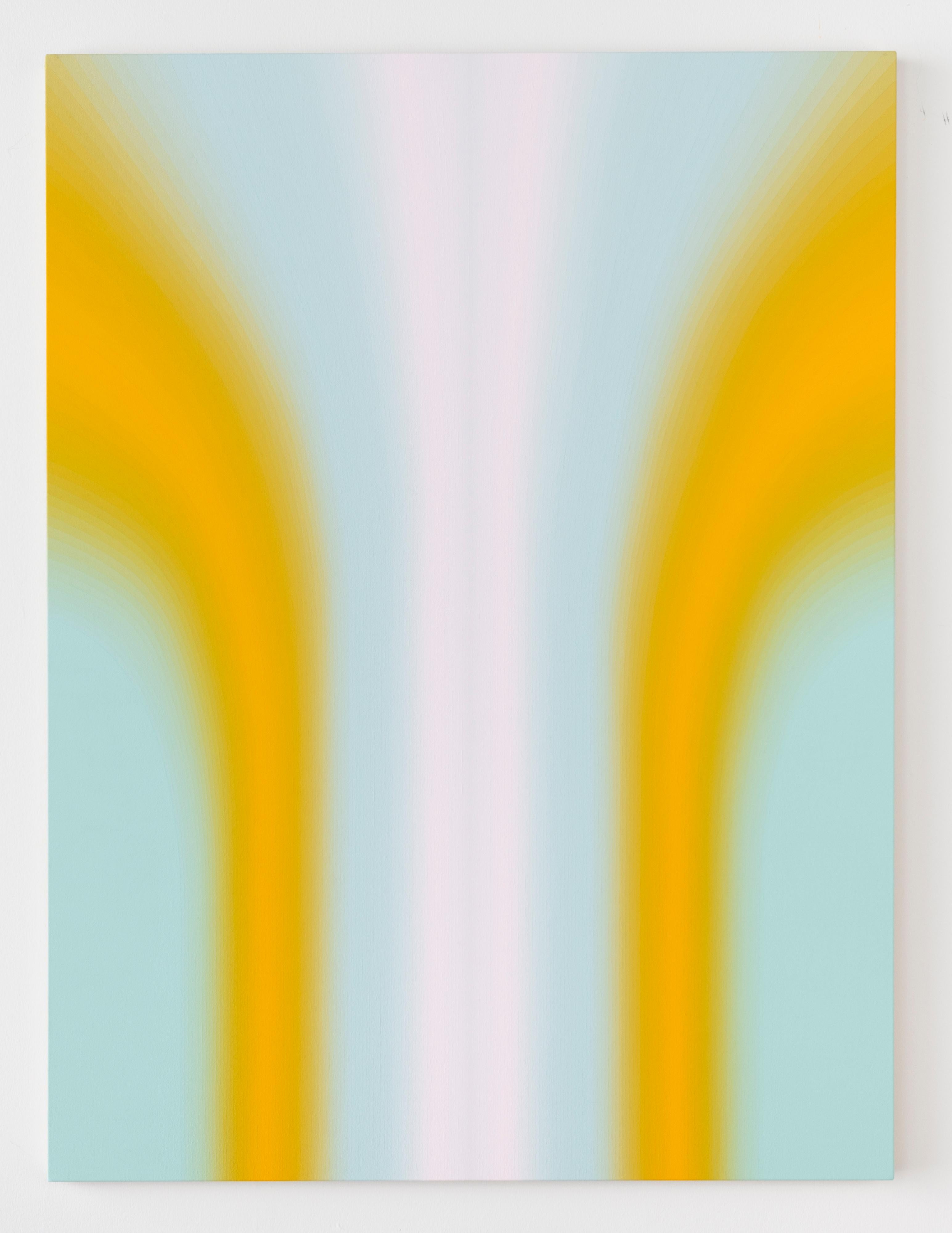 Shadow Valley Six, Light Yellow Orange, Mint Blue, White Gradient Curving Shape - Painting by Audrey Stone