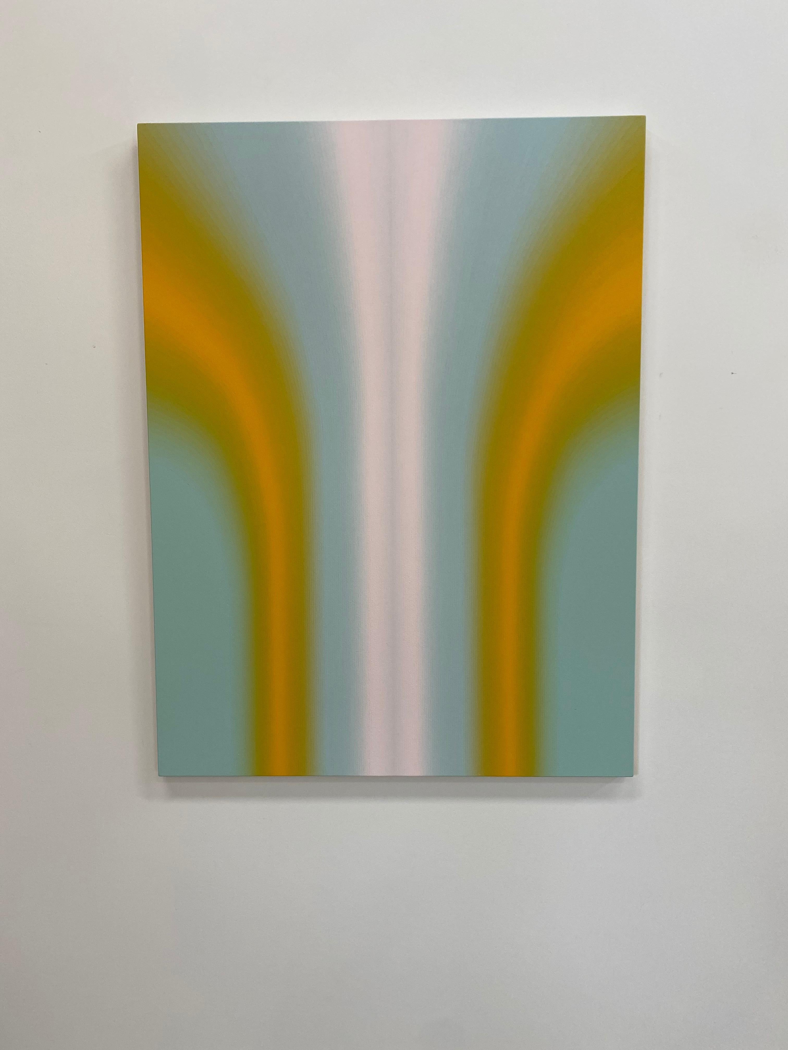 Shadow Valley Six, Light Yellow Orange, Mint Blue, White Gradient Curving Shape - Contemporary Painting by Audrey Stone