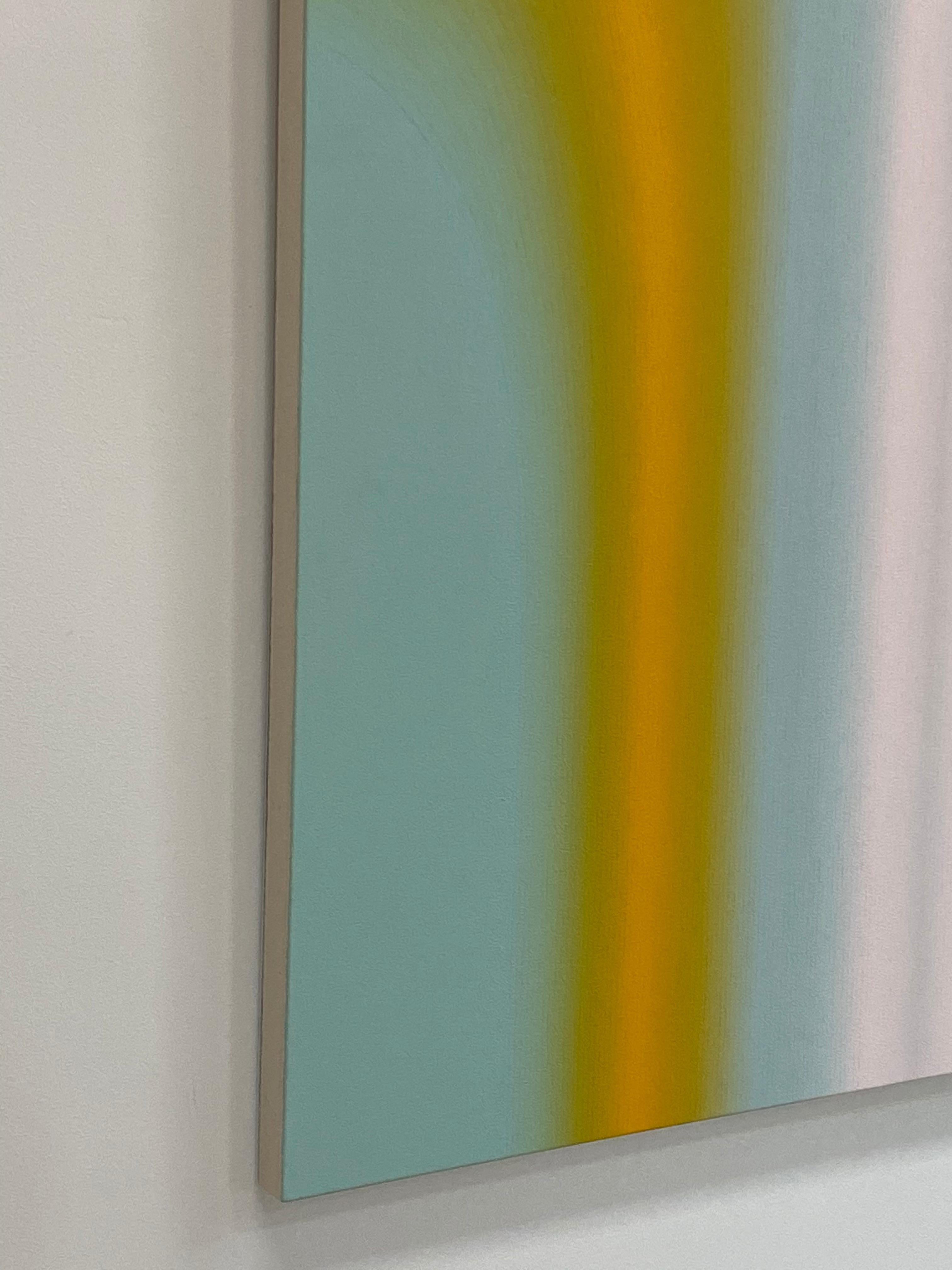 Carefully ordered, curving stripes of color in bright, gradient hues start with pale mint blue at the edges and transition through bright yellow orange and luminous pale blue to thick white stripes at the center, dividing the canvas in half. Signed,