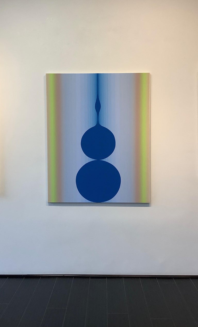 Still Still, Vertical Abstract Painting with Circles, Stripes, Blue, Lime Green For Sale 9