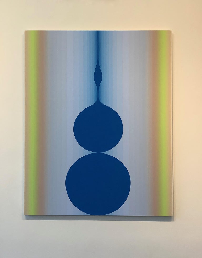 Still Still, Vertical Abstract Painting with Circles, Stripes, Blue, Lime Green For Sale 4