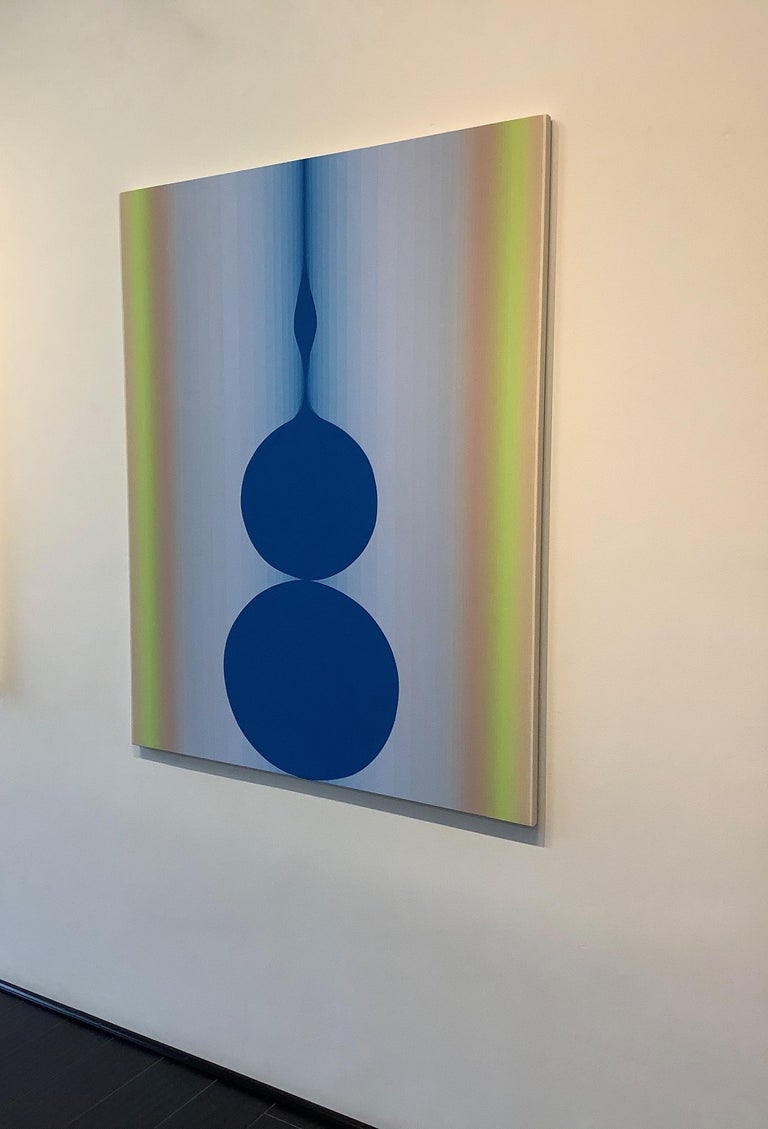 Still Still, Vertical Abstract Painting with Circles, Stripes, Blue, Lime Green For Sale 8