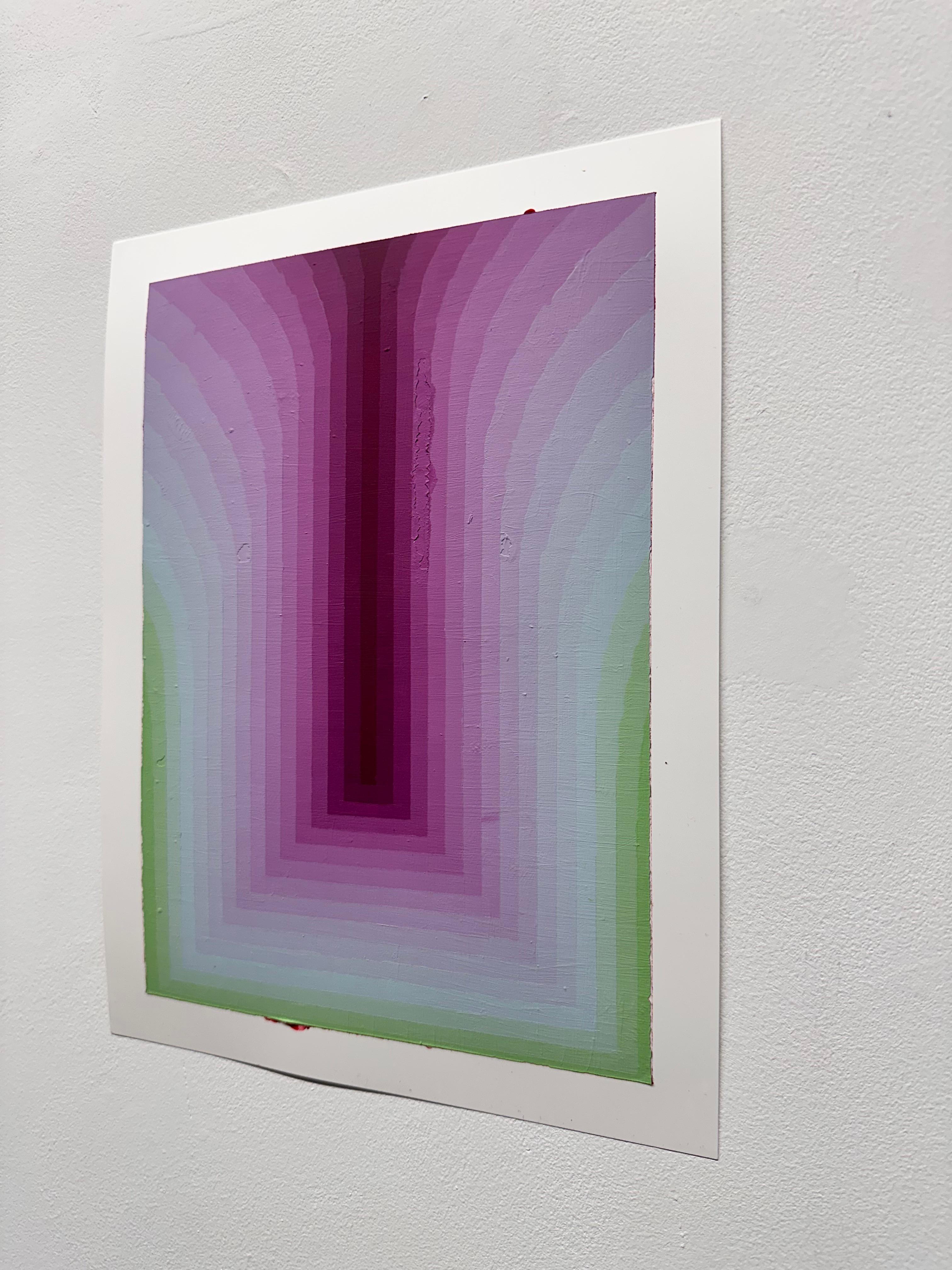 Dans cette peinture contemporaine à l'acrylique sur papier Yupo, des bandes de couleurs dégradées dans les tons violet, bleu pâle et vert clair sont vibrantes et soigneusement ordonnées. Signé, daté et titré au verso.

Audrey Stone a passé sa vie à