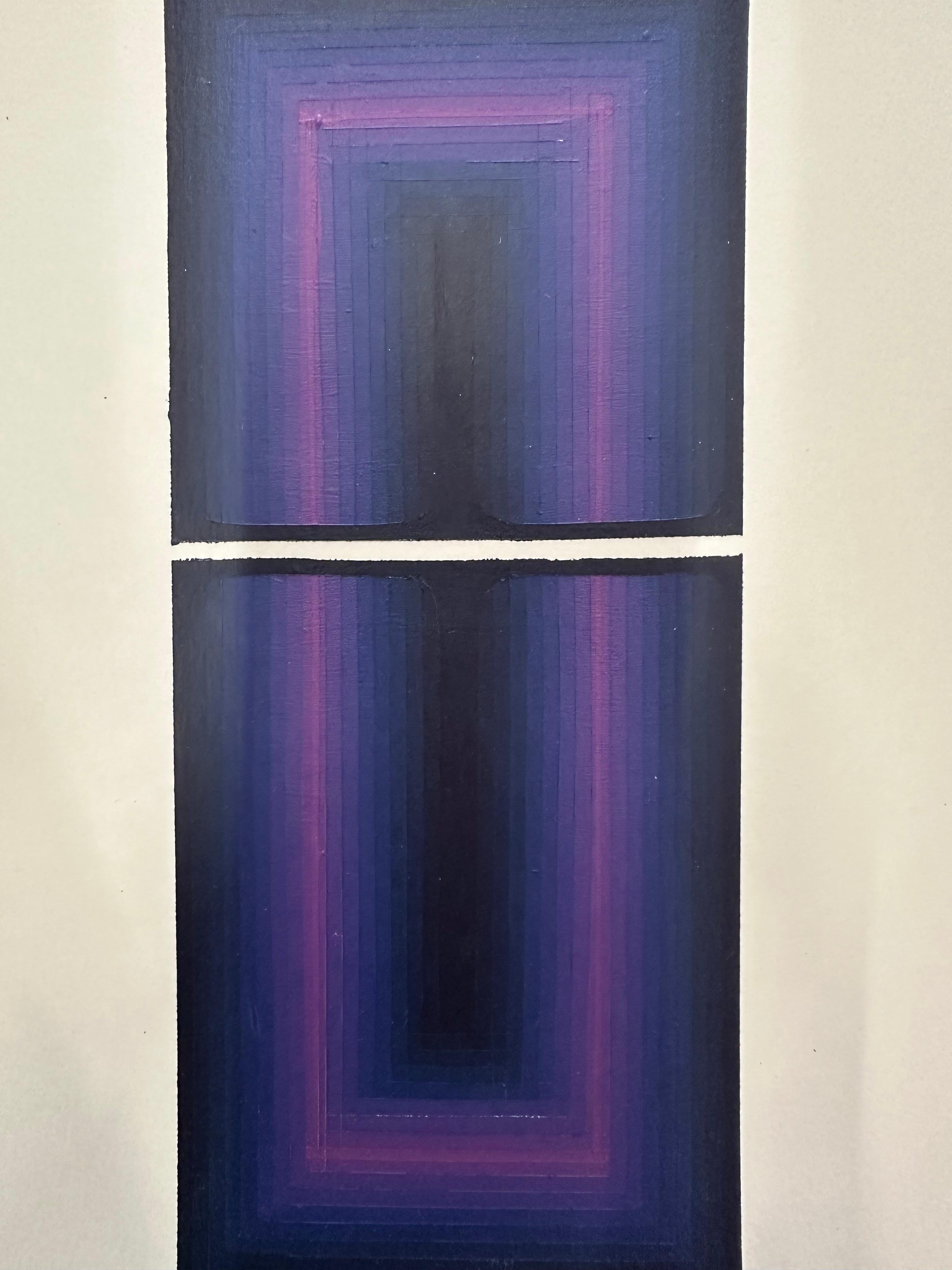 In this abstract painting in acrylic on Yupo paper, carefully ordered stripes of color in rich shades of violet and magenta transition throughout gradient purple hues. Signed, dated and titled on verso.

Audrey Stone has spent her lifetime being