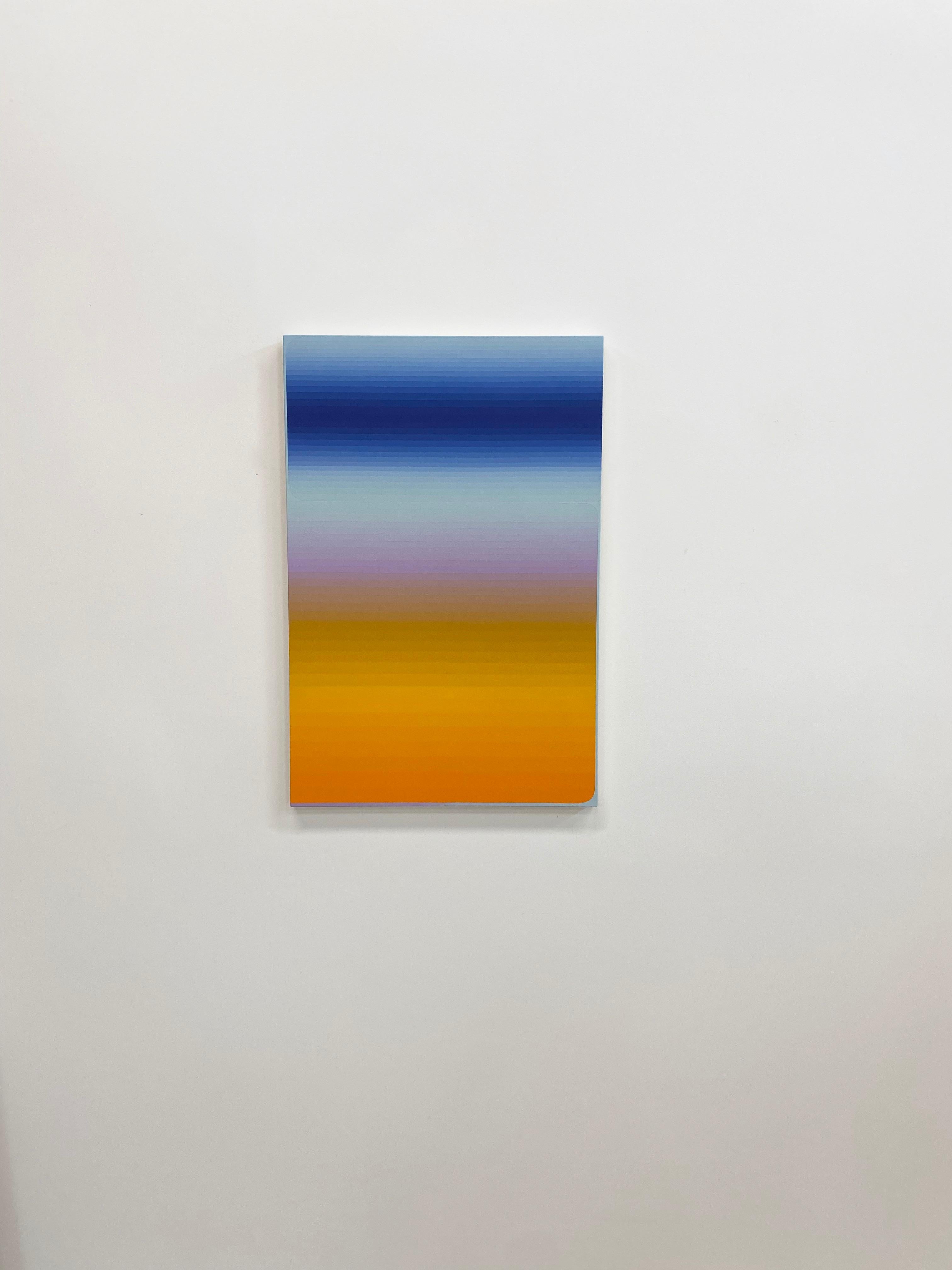 In this vertical abstract painting in acrylic on canvas, thin horizontal stripes of color in gradient shades transition from bright shades of orange at the bottom to pale lilac purplle in the center and pale blue-gray, cobalt and light blue at the