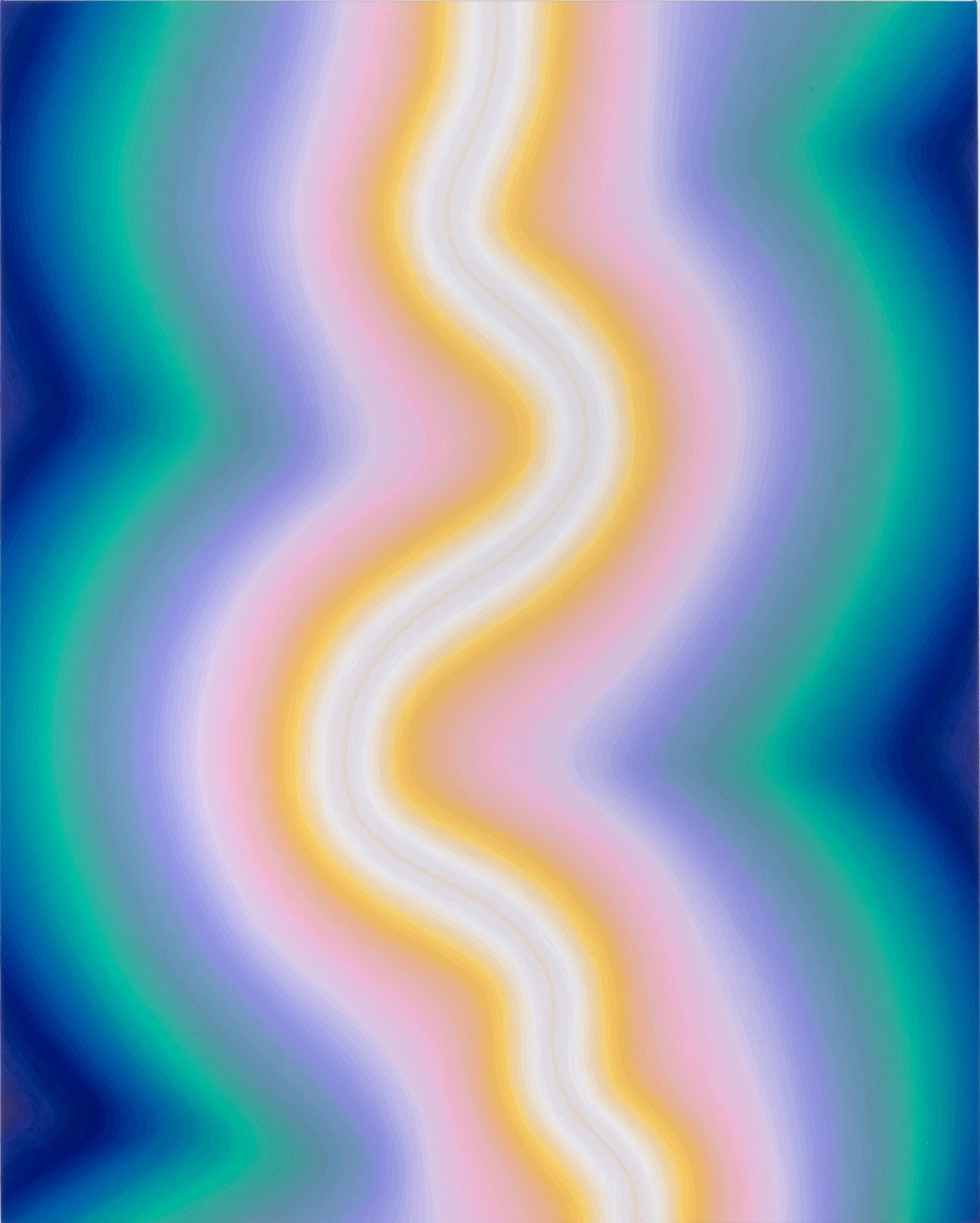 In this large vertical abstract flashe and acrylic medium painting on canvas, curving striations of gradient color start from bright cobalt blue at the edges and transition to pale mint, teal green,  lilac, pale pink and canary yellow to a thick