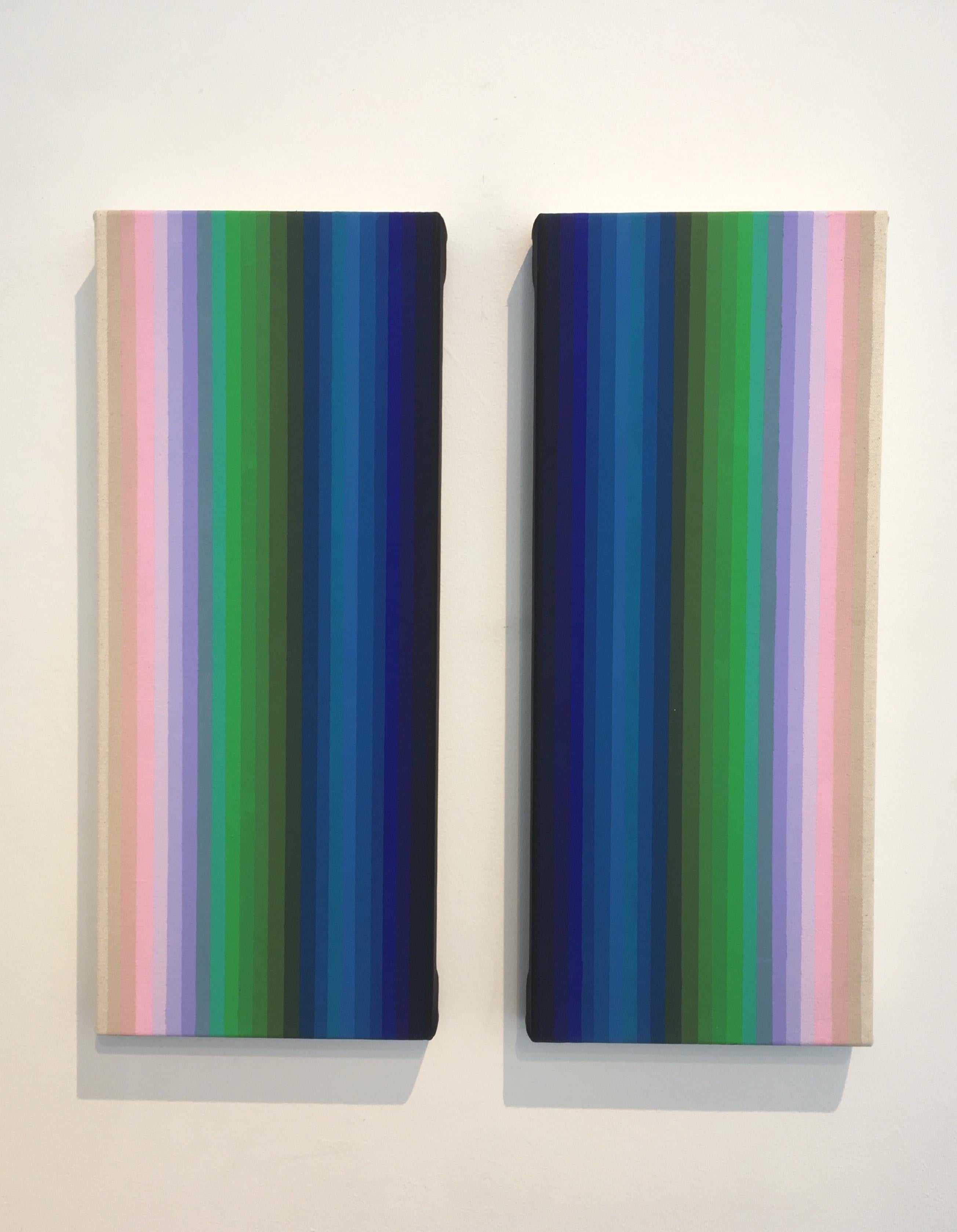Together and Apart, Abstract Diptych, Vertical Stripes in Pink Lilac Blue Green - Painting by Audrey Stone