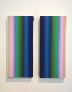 Together and Apart, Abstract Diptych, Vertical Stripes in Pink Lilac Blue Green