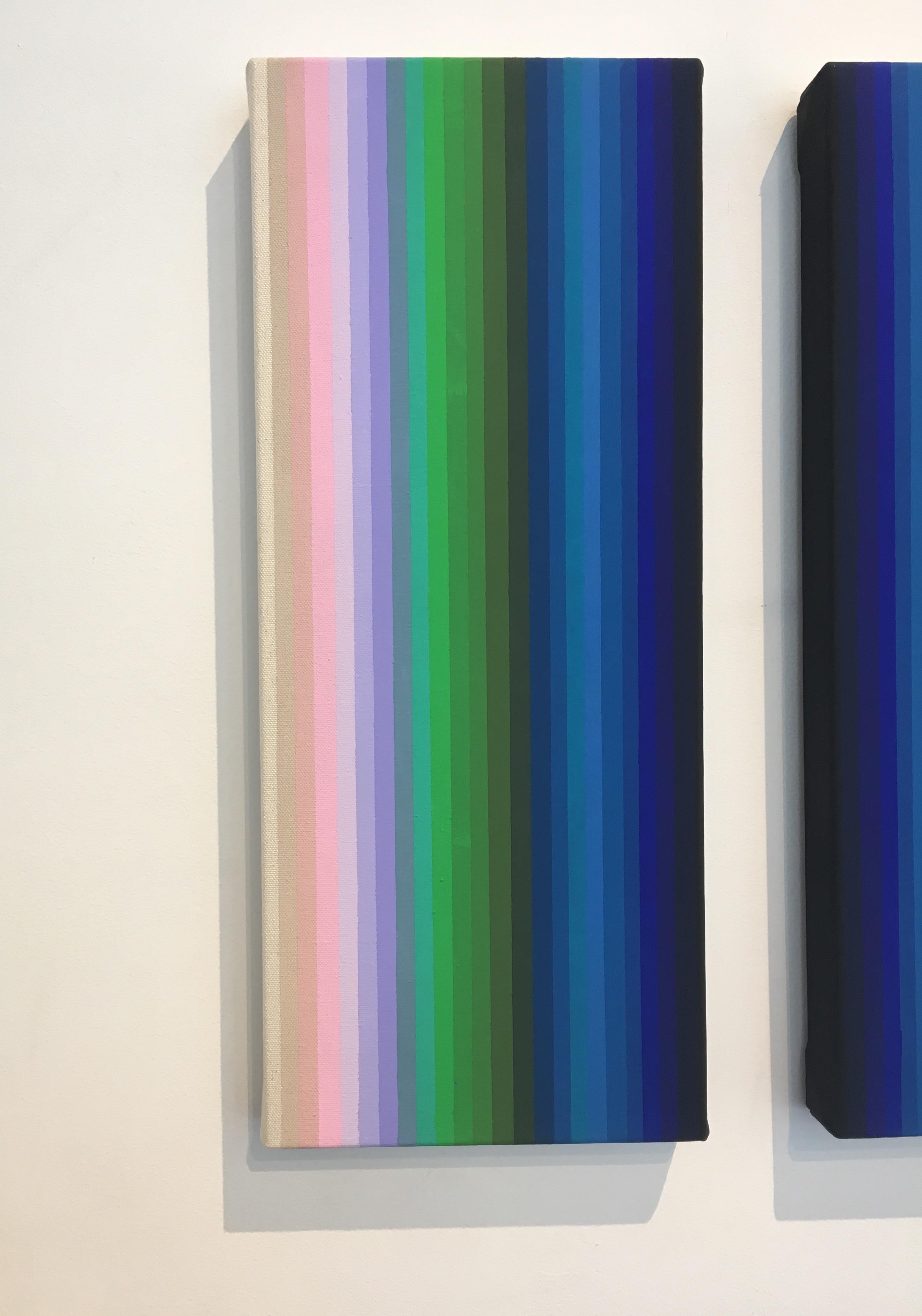 In this abstract diptych, meticulously ordered vertical stripes of gradient color transition symmetrically from beige at the edges to pale pink, lilac, lavender, green, sage, indigo and a deep dark cobalt blue towards the center of the two