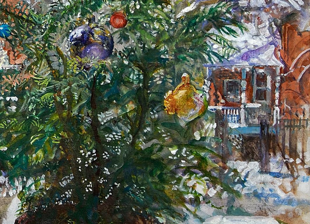 Living Holiday Trees : artwork in the genre of narrative realism - Realist Painting by Audrey Ushenko