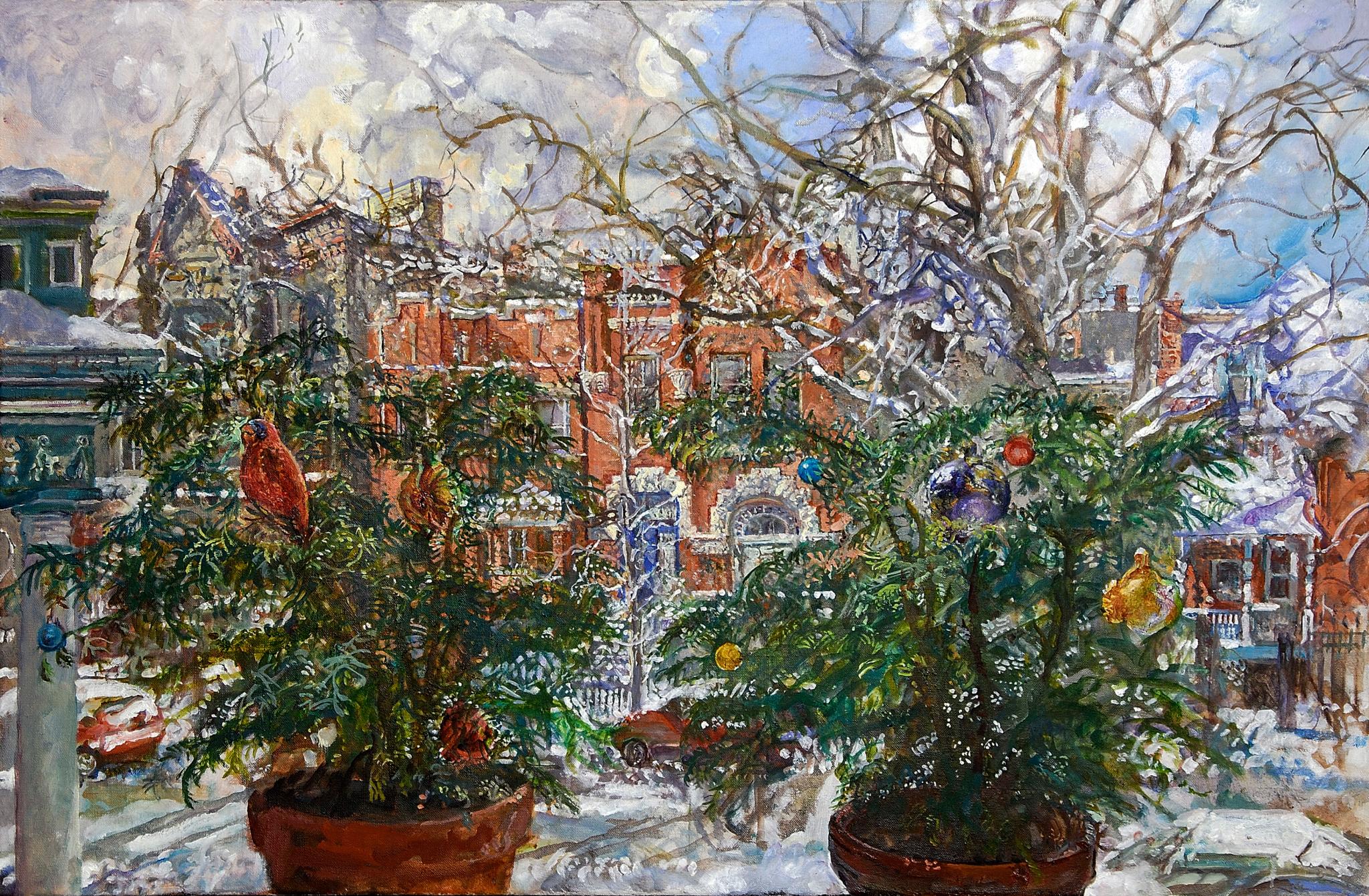 Audrey Ushenko Figurative Painting – Living Holiday Trees: Kunstwerk im Genre des erzählerischen Realismus