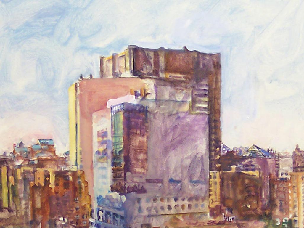 New York Terrace Cityscape : artwork in the genre of narrative realism - Painting by Audrey Ushenko