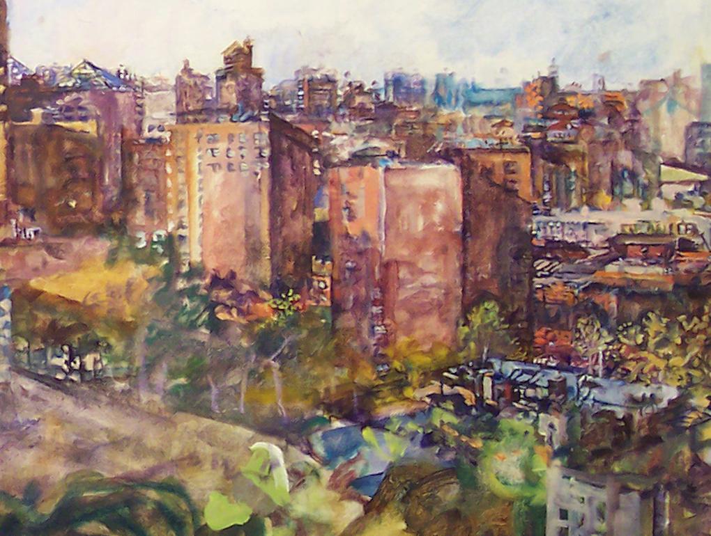 New York Terrace Cityscape : artwork in the genre of narrative realism - Realist Painting by Audrey Ushenko