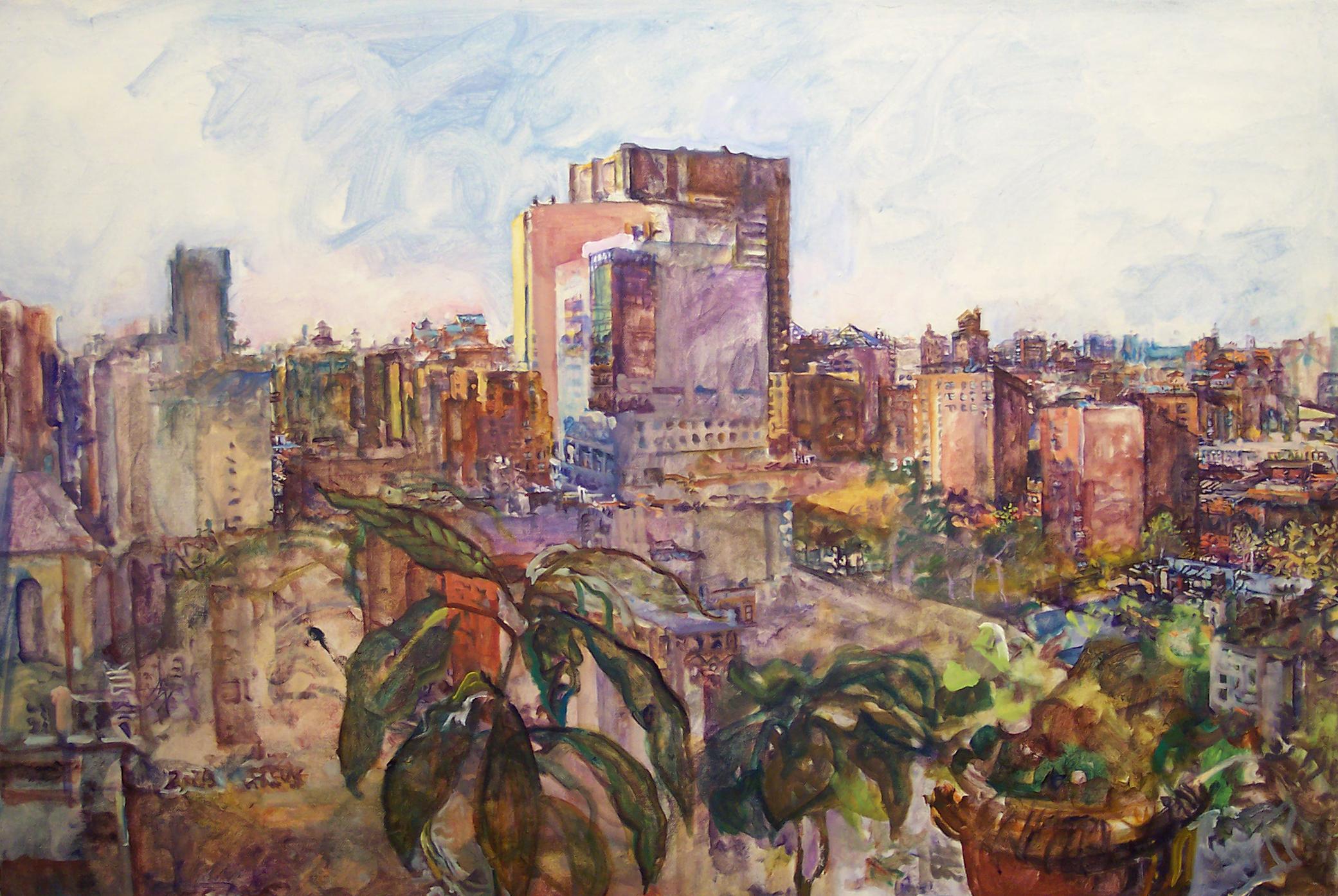 Audrey Ushenko Figurative Painting - New York Terrace Cityscape : artwork in the genre of narrative realism