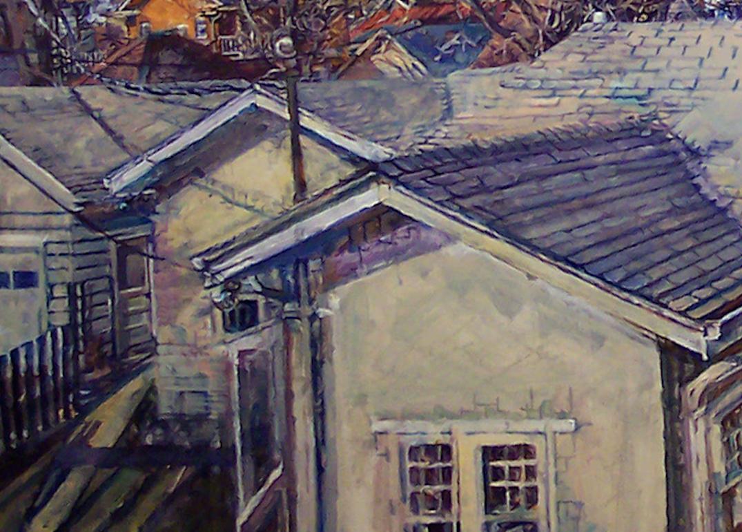 Rooftops : artwork in the genre of narrative realism - Painting by Audrey Ushenko