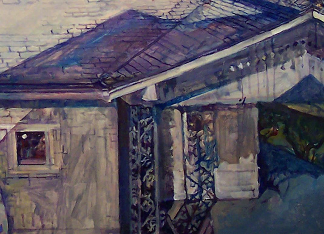 Rooftops : artwork in the genre of narrative realism - Realist Painting by Audrey Ushenko